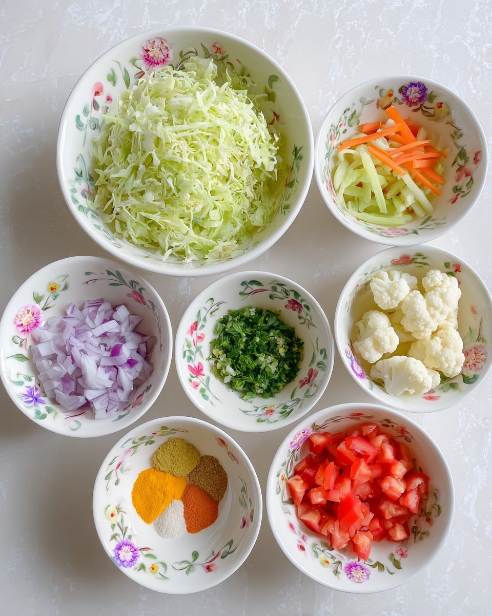 There are seven small bowls arranged in a loose circle on a white marbled surface. Starting from the top middle bowl, it is white and filled with finely shredded light green cabbage. To its left is a white bowl containing chopped green capsicum and thin orange carrot sticks. Next to that is a white bowl with finely chopped light purple onions. On the bottom left is a small white bowl holding three powders in different colors: bright orange, yellow, and light brown. To the right of this is a white bowl with chopped green herbs and a small amount of minced pale yellow ginger. Above it to the right is a white bowl filled with small white cauliflower pieces. Lastly, to the far right is a white bowl with diced bright red tomatoes. The bowls vary in size and have delicate flower patterns on their outer sides. photo taken with an iphone --ar 4:5 --v 7