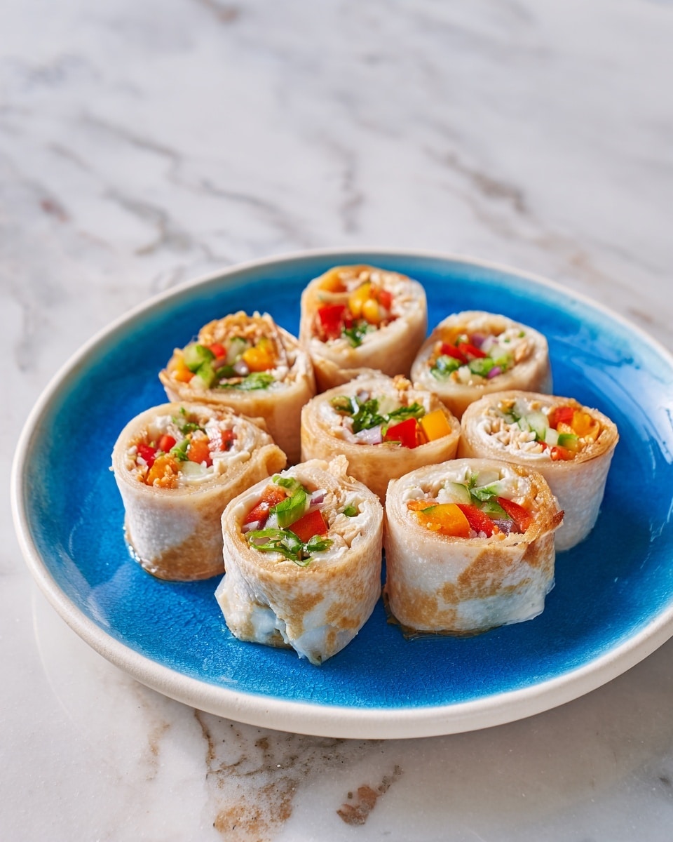 Eight small rolled pieces of food stand upright on a large white plate with a bright blue inner surface. Each roll has two visible layers: the outer layer is a light golden brown color with a soft texture, while the inside layer shows a mix of small chopped vegetables in green, white, and red colors, giving a fresh and colorful look. The plate is placed on a white marbled surface with a rich pattern around. photo taken with an iphone --ar 4:5 --v 7