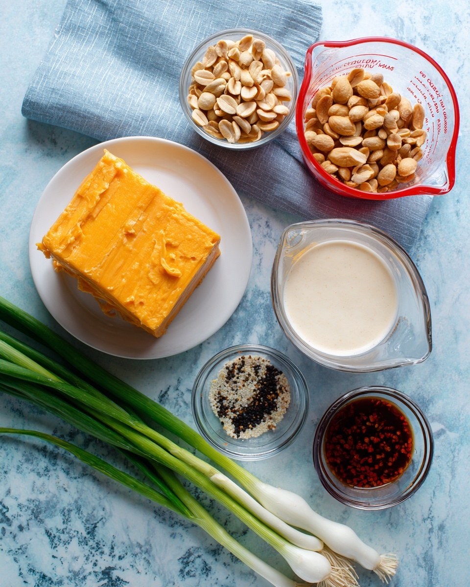 The image shows six ingredients arranged neatly on a blue cloth background. On the bottom left is a white plate holding a thick, square block of orange cheese and a small clear glass bowl filled with a mix of black and white ground spices. Above this plate, there is a clear glass measuring cup filled with light brown peanuts. To the right of the measuring cup, a red 1-cup measuring cup holds a thick white sauce with a smooth texture. Next to the sauce, there are four fresh green onions with long white bases and green tops, lying on the surface. At the bottom right corner, a small clear bowl contains a dark reddish-brown sauce with visible seeds or spices. The surface underneath everything is a white marbled texture. Photo taken with an iphone --ar 4:5 --v 7