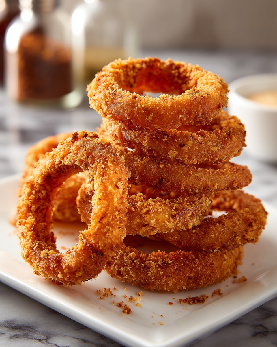 A stack of fried onion rings is placed on a white rectangular plate, each ring showing a thick, crispy golden-brown coating with a rough, crunchy texture. The rings are layered unevenly, some leaning against each other, with a clear hole in the middle of each onion slice. The white marbled surface beneath the plate has a few crumbs scattered around. In the blurry background, there are spice jars and a dipping sauce container, but the focus is fully on the warm, inviting onion rings. photo taken with an iphone --ar 4:5 --v 7