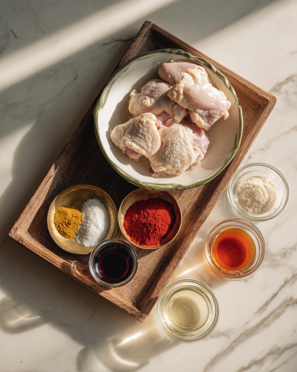 A rectangular wooden tray holds several ingredients on a white marbled surface. Inside the tray, there is a white bowl with a green rim filled with raw, pale pink chicken thighs. Next to it on the tray is a small round brass plate with four powders and pastes arranged in separate piles: light yellow paste, bright red powder, salt in white crystals, and grayish black powder. Outside the tray on the marble surface, six small clear glass bowls hold different liquids and powders, varying in colors such as opaque white, translucent dark brown, bright red, light amber, and white. The image is shot from above with soft natural light highlighting the textures and colors of the ingredients. Photo taken with an iphone --ar 4:5 --v 7