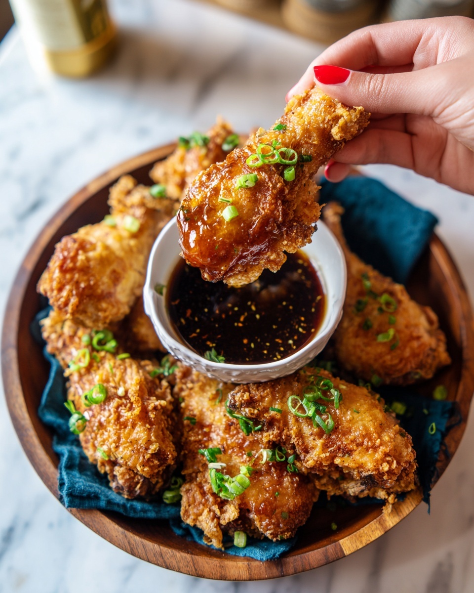 A woman's hand with red nail polish holds a crispy golden fried chicken drumette wrapped at the bone with foil, dripping dark brown glossy sauce into a small white marbled bowl filled with soy-based dipping sauce. The drumette has a crunchy, bumpy texture and is garnished with small green onion slices. The bowl sits on a large round wooden tray lined with a dark blue cloth, holding several more golden fried chicken drumettes each topped with chopped green onions, against a white marbled surface background. Photo taken with an iphone --ar 4:5 --v 7