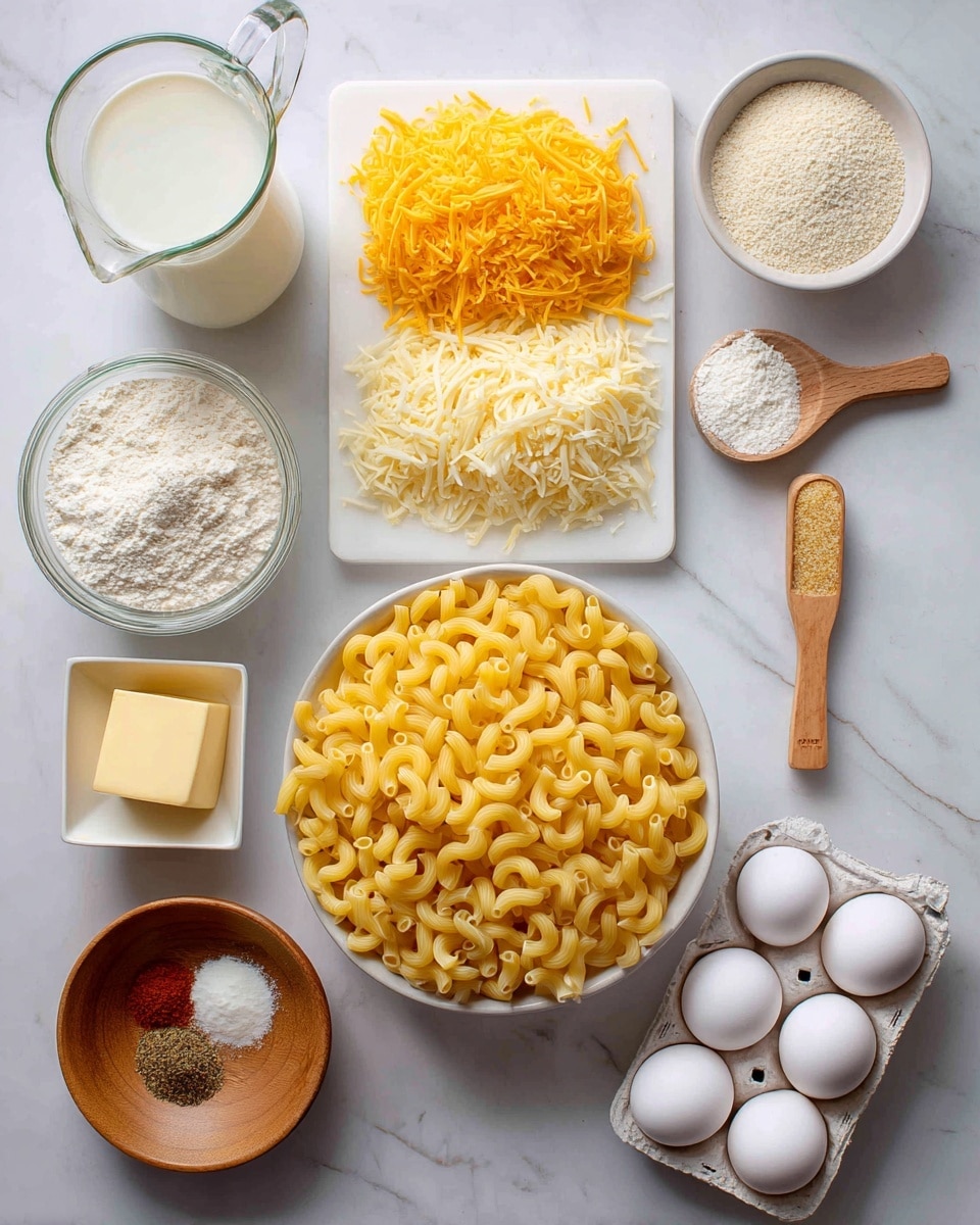 The image shows several ingredients arranged on a white marbled surface. In the center is a pile of uncooked yellow elbow macaroni pasta. Above the pasta, there is a white rectangular board with two piles of shredded cheese: one bright orange and one pale yellow. To the top right, there is a small white bowl filled with fine dry breadcrumbs, next to a wooden measuring spoon with white powder. Below the pasta, there is a small white square bowl with a pale yellow solid, likely butter. To the left, there is a glass measuring cup with milk and another glass container holding a light yellow liquid, possibly oil or melted butter. A round wooden bowl near the center bottom holds a mix of four spices or powders in separate sections. Lastly, a white carton with six white eggs is visible on the right side. The photo taken with an iphone --ar 4:5 --v 7