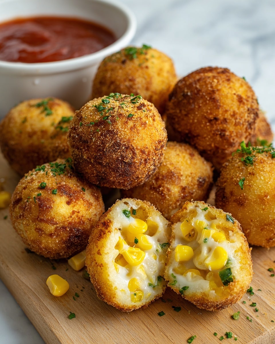 A group of fried round balls with a crispy brown outer layer are placed close together on a light wooden surface. One ball is open in the middle, showing a soft inside filled with yellow corn kernels and some green herbs, creating a mix of creamy white, bright yellow, and fresh green colors. Small bits of chopped green herbs are sprinkled on the balls, adding a touch of fresh color. In the background, there is a white bowl filled with red sauce, resting on a white marbled surface. photo taken with an iphone --ar 4:5 --v 7