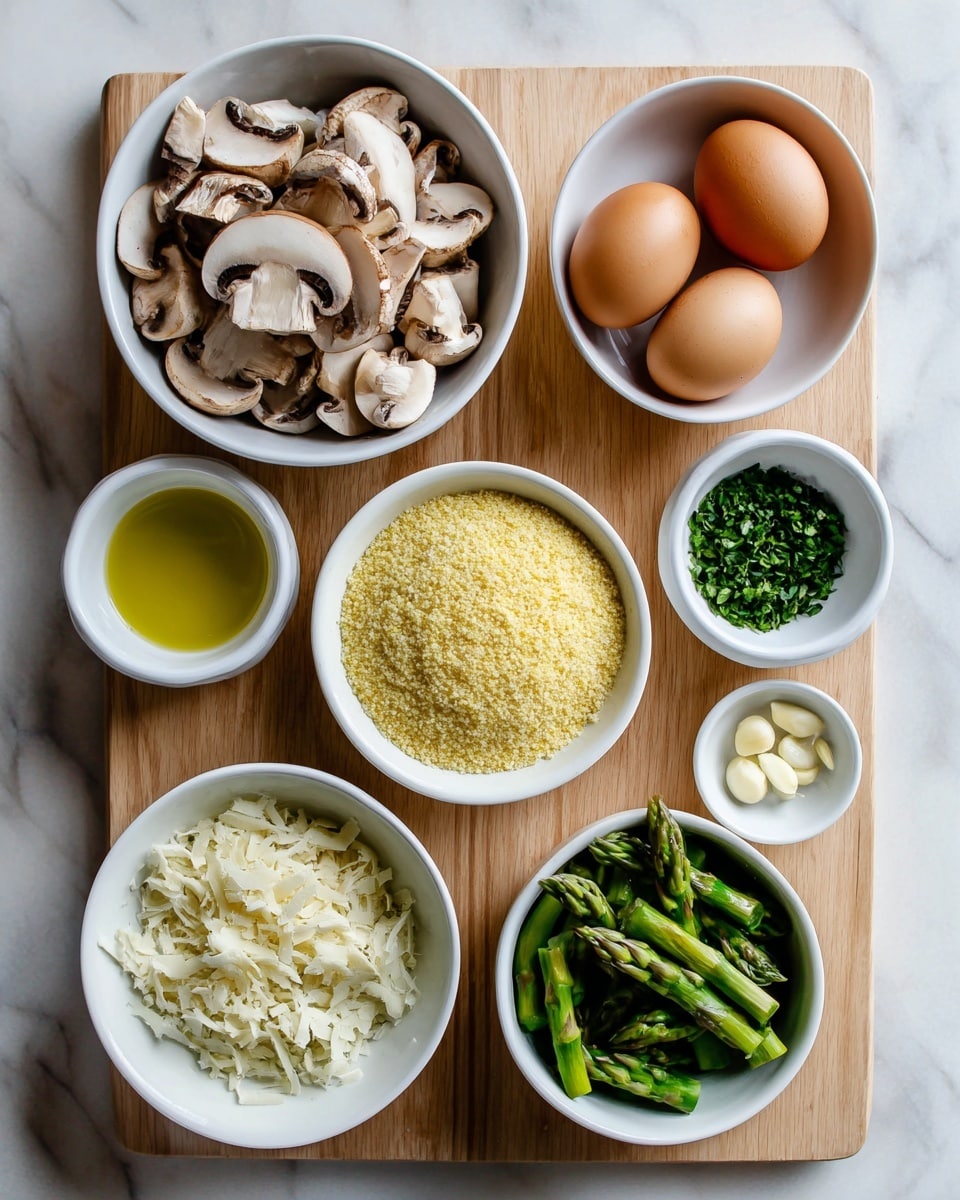 The image shows seven white bowls arranged on a light wooden board on a white marbled surface. The top left bowl is filled with sliced brown mushrooms showing their light white and brown textures. To the right, a white bowl contains two brown eggs sitting side by side. Below the mushrooms is a white bowl with golden yellow oil. In the center is a white bowl filled with fine yellow cornmeal. To the right of the cornmeal, a small white bowl holds finely chopped green herbs. Below the herbs is another small white bowl with minced garlic pieces. On the bottom left, a white bowl contains finely grated white cheese. The bottom right bowl is filled with bright green asparagus pieces cut into smaller sections, showing their vibrant color and texture. A woman's hand is not visible but implied by the composition and arrangement. Photo taken with an iphone --ar 4:5 --v 7