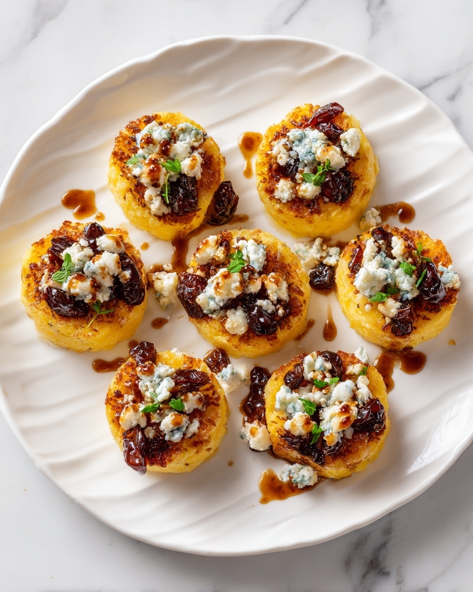 The dish shows eight round, golden-yellow crispy bases arranged on a white plate with a wavy edge, all placed on a white marbled surface. Each base has a rough texture and is topped with crumbled white and light blue cheese pieces that look soft and slightly crumbly. Small dark raisins are scattered on top of the cheese, adding contrast in color. A dark, glossy sauce is drizzled over each round base, pooling slightly on the plate in some spots, creating a shiny effect. The overall look is neat, with the toppings evenly spread on each round base to give a colorful and textured appearance. photo taken with an iphone --ar 4:5 --v 7