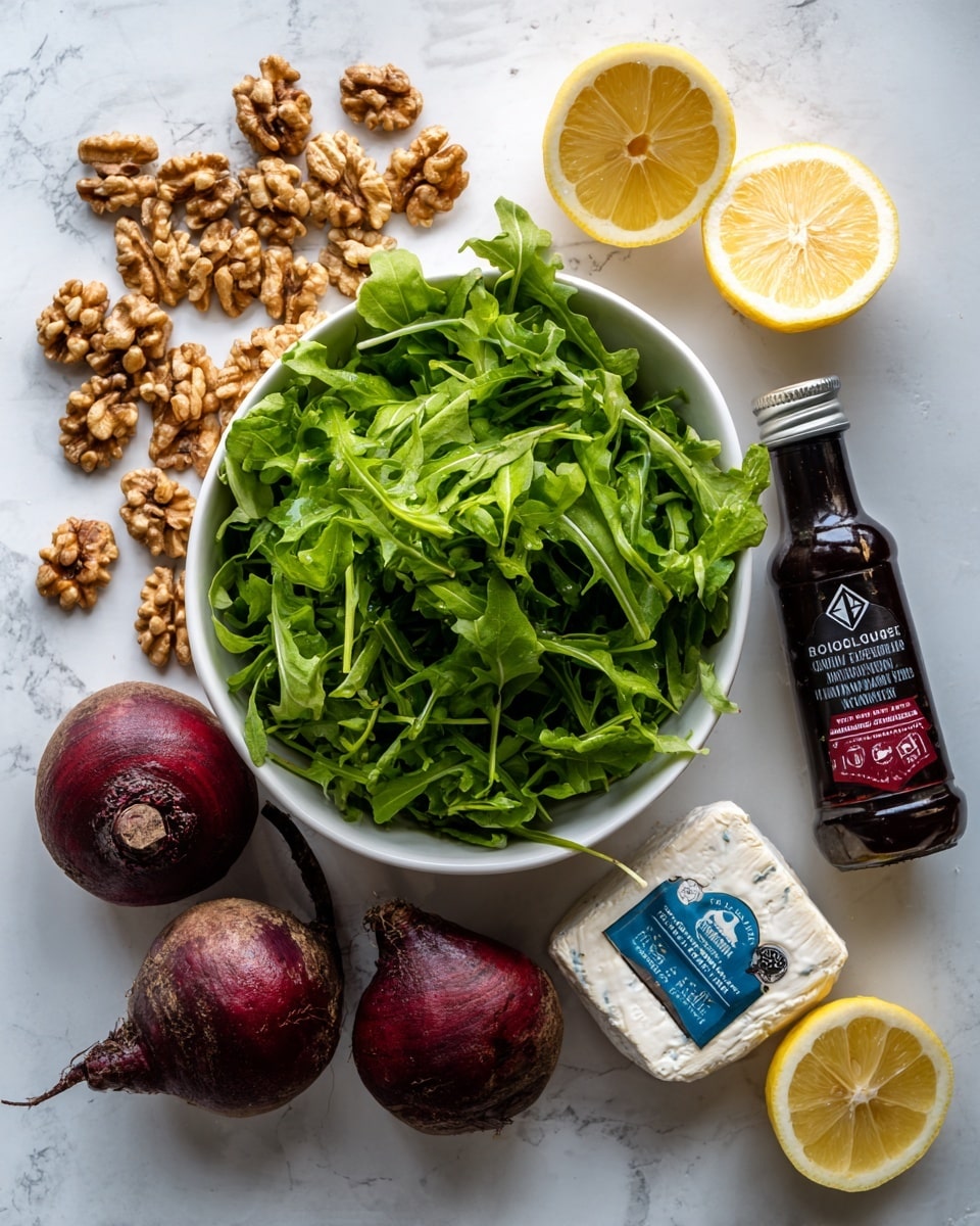 The image shows fresh ingredients arranged on a white marbled surface. At the center, there is a white bowl filled with bright green leafy arugula, lush and slightly curly. Around the bowl, there are three round, dark reddish-purple beets with rough, textured skin. A pile of light brown walnuts with a rough, crinkled surface sits near the top left. Two lemon halves with a bright yellow, juicy inside are placed on opposite sides of the bowl. Near the bottom right, a white package of goat cheese with a blue and black label rests beside a dark brown bottle of balsamic glaze with a red and white label. The arrangement has a natural, fresh look with a clean white marbled background. photo taken with an iphone --ar 4:5 --v 7