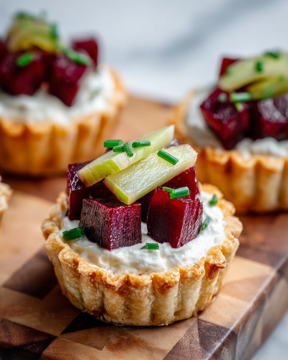 The image shows small pastry cups with three distinct layers. The base layer is a golden-brown, flaky pastry shell with crimped edges. Inside the shell is a white creamy layer, topped by deep red cubes of beetroot. On top of the beetroot cubes, thin pale green strips, likely apple, are arranged, with a sprinkle of small bright green chive pieces scattered over them. The pastries are placed on a wooden surface with a subtle checkered pattern, and the background is a white marbled texture. The focus is on the nearest pastry cup, with the others softly blurred behind it photo taken with an iphone --ar 4:5 --v 7