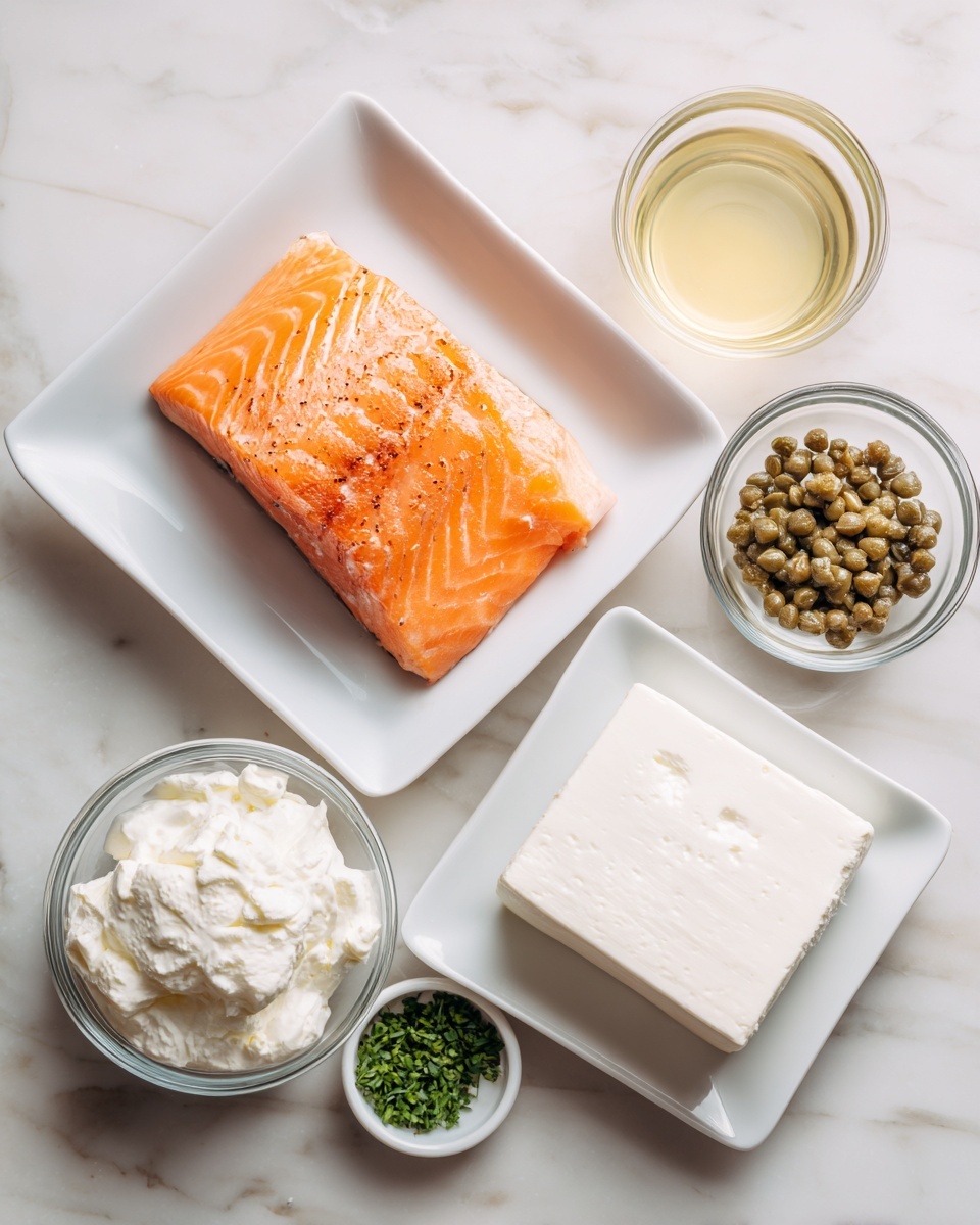 The image shows a white square plate with one piece of cooked salmon on the left side, its surface shiny and orange with grill lines. Below it is a small glass bowl filled with pale yellow liquid. To the right of the salmon is a small round glass bowl with greenish-brown capers. Below that, slightly to the right, is a small white bowl filled with chopped green herbs. In the bottom right corner, there is a white square plate holding a rectangular block of white cream cheese and a small glass bowl of thick white cream. All the items are set on a white marbled surface. photo taken with an iphone --ar 4:5 --v 7