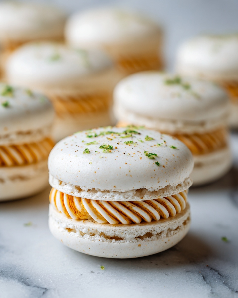 The image shows a close-up of a white macaron with two smooth, round shells dusted lightly with green herbs on top. Between the shells, there is one layer of soft, creamy orange filling that is piped in a wave-like texture. In the background, more similar macarons are slightly out of focus, all placed on a white marbled surface. photo taken with an iphone --ar 4:5 --v 7