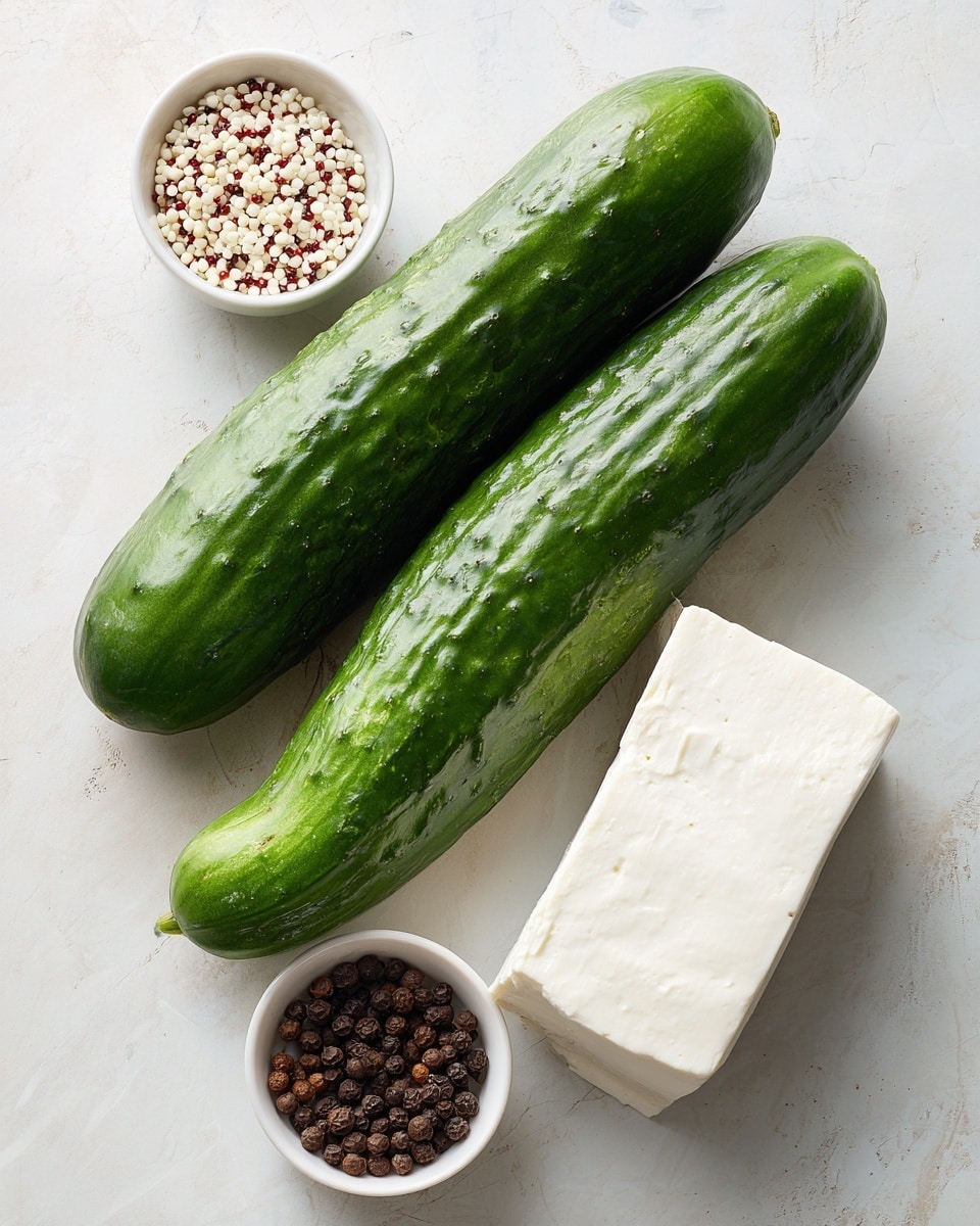 Two long green cucumbers with a textured shiny surface lie on a white marbled background next to a block of white tofu with smooth edges. Nearby, there are two small white bowls; one is filled with mixed white and red quinoa grains, and the other holds small dark brown peppercorns. The items are spaced with some gaps, creating a simple and fresh arrangement. photo taken with an iphone --ar 4:5 --v 7
