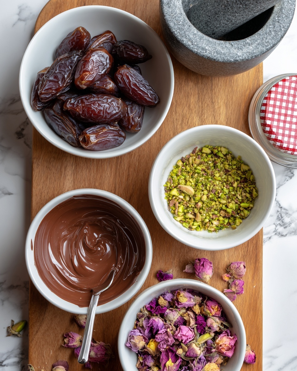 The image shows four white bowls placed on a wooden board with a white marbled surface underneath. The top left bowl is filled with dark brown dates that have a shiny, slightly wrinkled texture. To the right, there is a grey stone mortar with crushed green pistachios inside and a matching pestle resting in it. Below the dates, a white bowl holds smooth, melted milk chocolate with a spoon dipped in it, showing a shiny and creamy texture. At the bottom right, another white bowl contains a mix of dried flower petals in shades of pink, purple, and yellow, adding a colorful touch. Next to this bowl, a jar with a red and white checkered lid is partly visible. Photo taken with an iphone --ar 4:5 --v 7