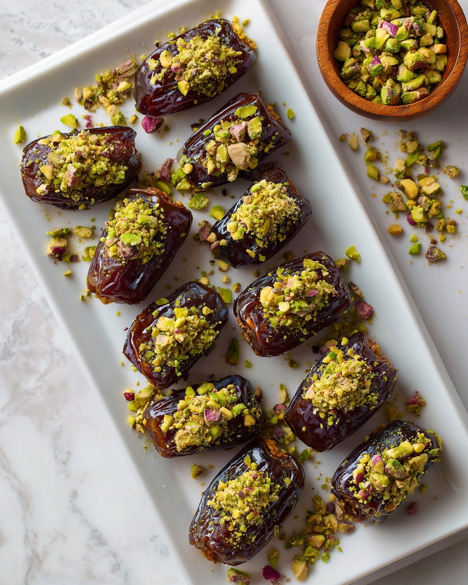 The image shows a white rectangular plate on a white marbled surface holding nine dark brown dates arranged in three rows. Each date is topped with a mix of bright green chopped pistachios and finely ground nuts, with some nut crumbs scattered around on the plate. A small wooden bowl with extra pistachios is visible in the upper right corner. The dates have a shiny, slightly sticky texture from a light glaze underneath the topping. photo taken with an iphone --ar 4:5 --v 7