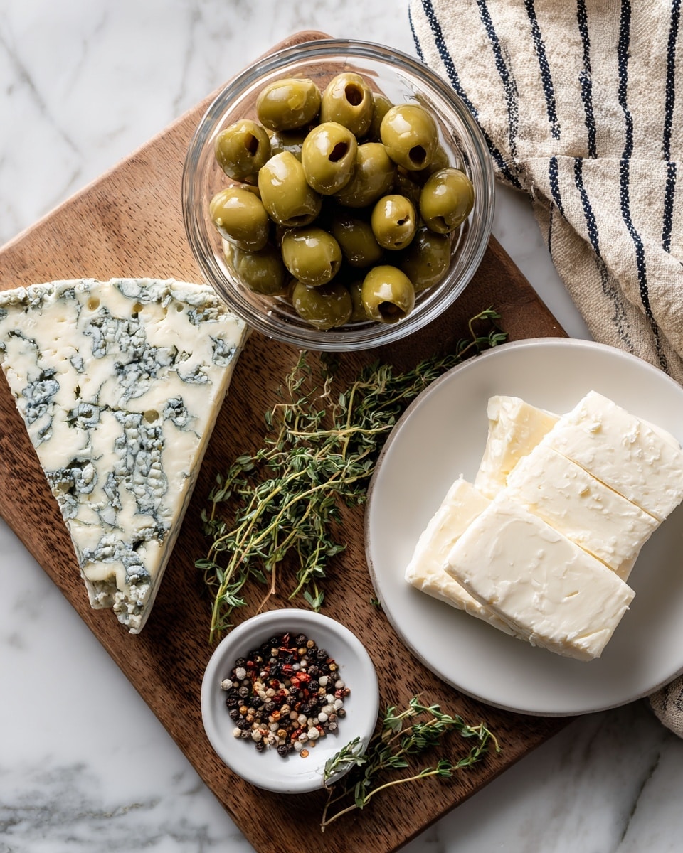 A wooden board holds several items arranged neatly on a white marbled surface. At the top center, there is a clear glass bowl filled with shiny green olives, each with a hollow center. To the left of the bowl is a wedge of blue cheese, white with blue mold veins, resting diagonally and textured with small natural cracks. Below the cheese, a small bundle of fresh green thyme lies with delicate leaves and thin stems. In the bottom center, a small white bowl contains coarse black pepper with some red flakes mixed in, showing a rough texture. On the right side of the board, a white round plate holds two thick pieces of smooth cream cheese with a soft and slightly crumbly texture. A striped cloth napkin in beige, black, and white stripes is partially visible on the right edge. The photo taken with an iphone --ar 4:5 --v 7
