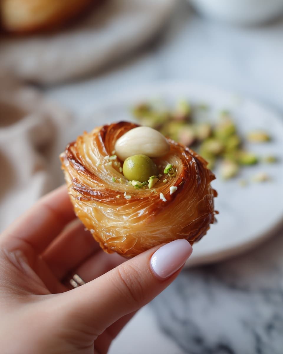 A close-up image shows a woman's hand holding a small pastry that looks like a golden brown crescent with layers of flaky dough visibly spiraled. The center of the pastry holds a white nut surrounded by a green olive slice. The background is softly blurred, featuring a white marbled surface beneath and a white plate with some green garnish slightly out of focus. Photo taken with an iphone --ar 4:5 --v 7
