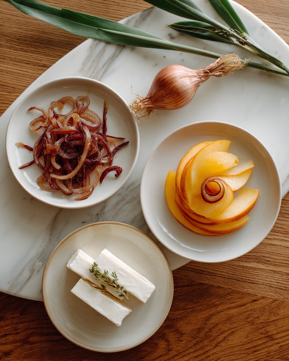 The image shows three white dishes on a wooden table with some green leaves and a shallot for decoration. The top white bowl contains thinly sliced reddish-brown onions or shallots in a small pile. To the right, a white plate displays neat layers of yellow-orange peach slices arranged in a circular pattern, leaving a small empty circle in the center. The bottom white plate holds a block of white cheese with several small round slices placed beside it in a crescent shape. The background is changed to a white marbled texture. photo taken with an iphone --ar 4:5 --v 7