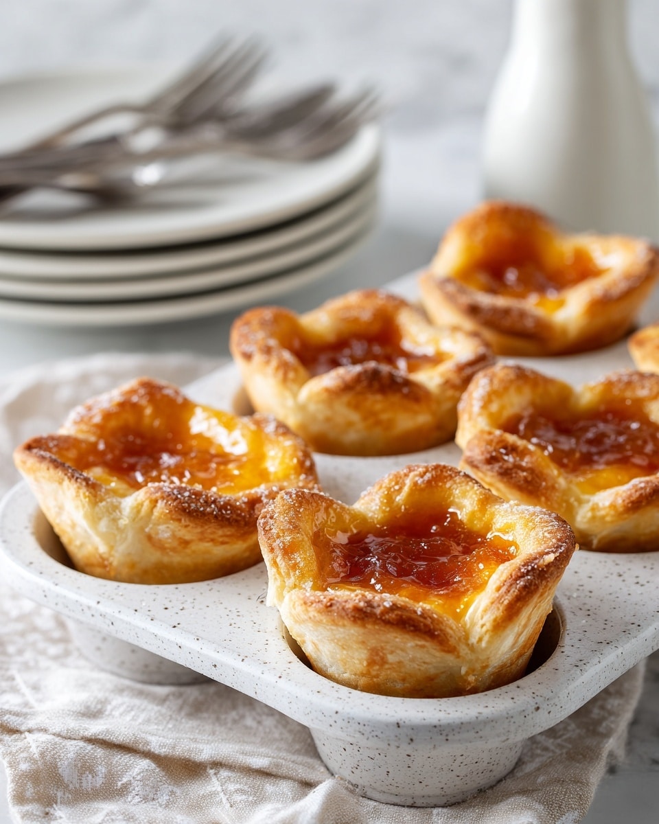 The image shows golden-brown pastry cups inside a white speckled muffin pan. Each cup has slightly crispy edges that fold upward, holding a glossy, amber-colored filling that looks sticky and sweet. In the background, there is a stack of white plates with silver forks resting on the top plate, and a white bottle, all placed on a white marbled surface with a light-patterned cloth nearby. The scene is softly lit and focuses on the middle row of the muffin pan, showing three pastry cups clearly. photo taken with an iphone --ar 4:5 --v 7