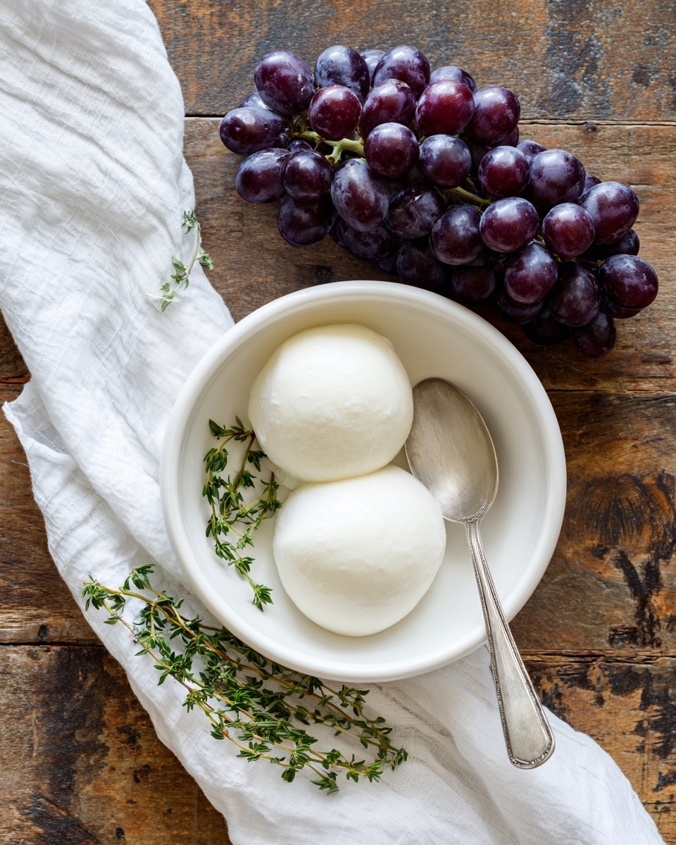 The image shows two smooth, white mozzarella balls placed side by side in a white bowl, with a silver spoon resting inside the bowl to the right of the cheese. Above the bowl, there is a bunch of dark purple grapes with a glossy texture laid on a worn wooden surface. Below the bowl on the left side, a white cloth napkin with light stripes is folded, with fresh thyme sprigs resting on top. The entire scene is set on a rustic wooden table, but the background has been changed to a white marbled texture. Photo taken with an iphone --ar 4:5 --v 7