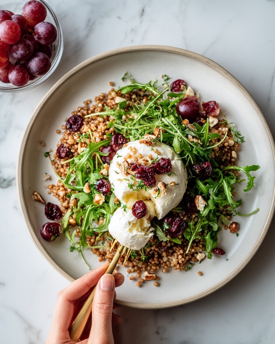 A white plate on a white marbled surface holds a layered dish starting with a base of light brown cooked grains spread evenly. Scattered across the grains are bright green arugula leaves and small fresh herb sprigs. On top of this layer, there are deep red dried cranberries and small off-white nut pieces. At the center of the plate sits a round, soft, white cheese ball, split open slightly with cranberries placed inside and on top of the cheese. A woman's hand with a wooden pick is holding the cheese, adding a sense of interaction. Next to the plate is a small clear bowl with red grapes. photo taken with an iphone --ar 4:5 --v 7