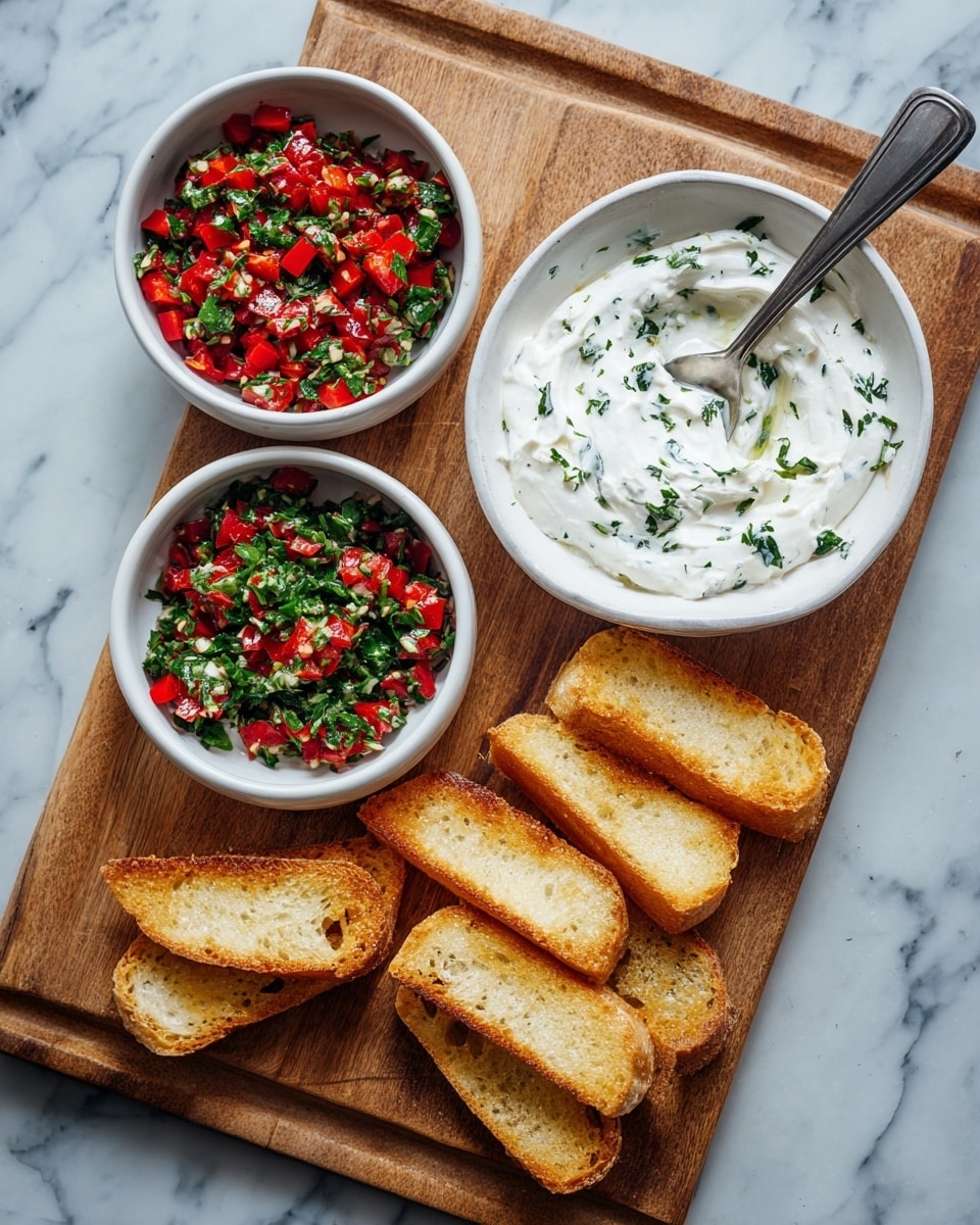 The image shows a wooden board placed on a white marbled surface. On the left side of the board, there are two white bowls, one on top of the other. The top bowl contains red chopped pieces mixed with green herbs, and the bottom bowl is filled with white creamy spread with a metal spoon resting in it. To the right of the bowls, there are two rows of light brown toasted bread slices neatly arranged. The overall look is simple and fresh, with a natural, rustic feel. Photo taken with an iphone --ar 4:5 --v 7