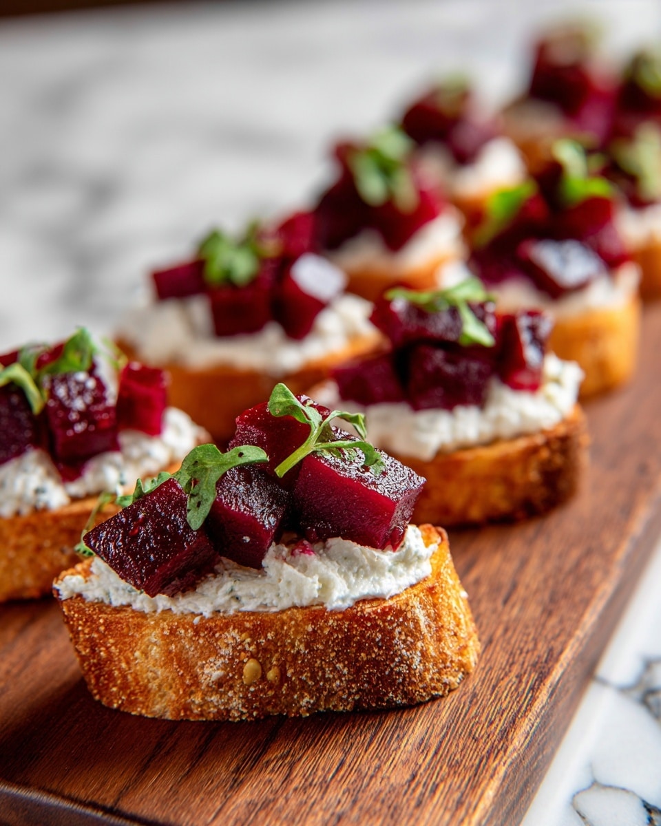 The image shows a wooden board with seven small pieces of toasted bread placed in a straight line. Each piece has three layers: the bottom is golden-brown crunchy toast, the middle layer is a smooth, white creamy spread, and the top layer is small cubes of deep red beet mixed with a few bright green herb leaves for garnish. The background has a white marbled texture, and the focus is on the closest toast piece while the others blur softly into the background. Photo taken with an iphone --ar 4:5 --v 7