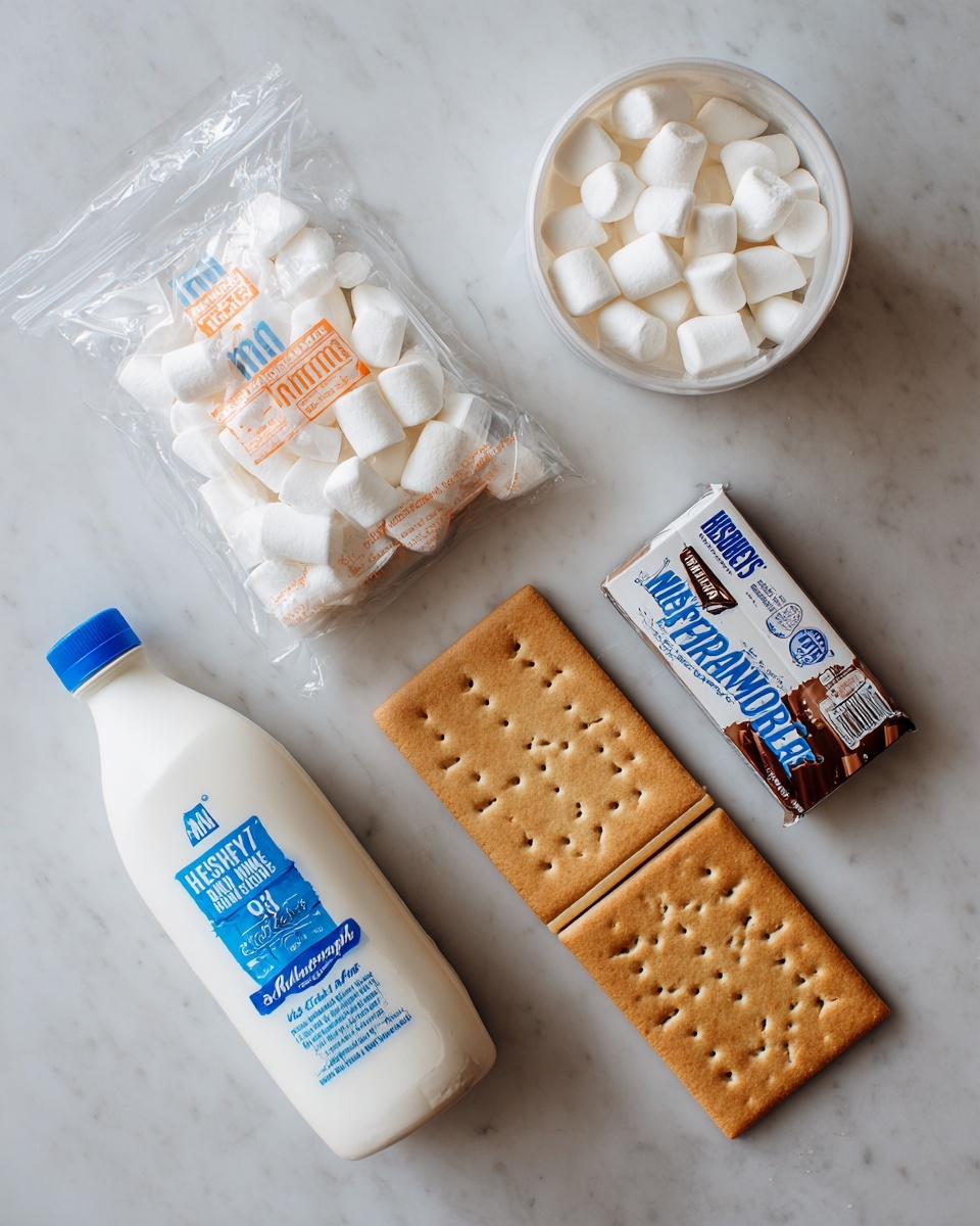 The image shows five items on a white marbled texture surface: a clear bag of small white marshmallows with orange and blue text on the top left, a large white container of marshmallow creme with blue and white labels placed to the right of the marshmallows, a rectangular Hershey's milk chocolate bar in brown and white packaging laying below the marshmallows, a plain rectangular graham cracker with small holes and a golden-brown color positioned next to the chocolate bar, and a white bottle of heavy whipping cream with blue text and a blue cap at the bottom left corner. The items are arranged close but not overlapping. Photo taken with an iphone --ar 4:5 --v 7