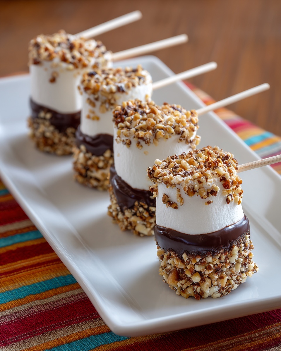 The image shows five white marshmallows, each on a white stick, placed in a row on a long white plate. The lower part of each marshmallow is covered in a smooth dark chocolate layer, which then transitions into a layer of crushed light brown nuts. The white marshmallows contrast with the rich brown chocolate and textured nut coating. The plate sits on a colorful striped mat, and the background is a warm light brown. The photo taken with an iphone --ar 4:5 --v 7