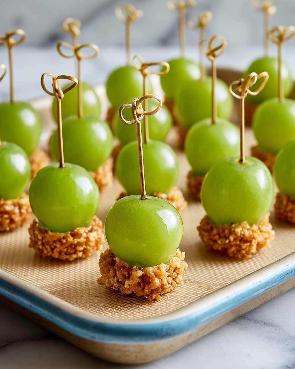The image shows small green grapes each pierced by a bamboo skewer with a decorative loop on top. The bottom half of each grape is covered in a light brown, crunchy puffed rice coating. The grapes are arranged in rows on a beige silicone baking mat with blue edges, placed on a tray against a white marbled background. Each skewer stands vertically, giving the grapes a neat and uniform look. photo taken with an iphone --ar 4:5 --v 7