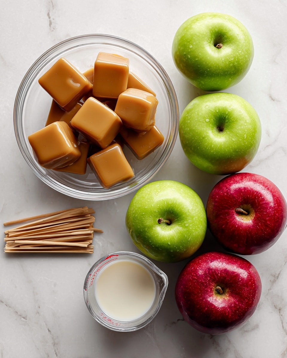 The image shows ingredients for making caramel apples, arranged neatly on a white marbled surface. There are three green apples and three red apples grouped closely on the right side. On the left side, a clear glass bowl holds several square caramel pieces with a smooth texture. Above the bowl is a small bunch of wooden sticks placed in a fanned arrangement. Below the bowl is a small clear measuring cup with white liquid inside. The colors are bright and natural, and the composition is clean and organized with good lighting. Photo taken with an iphone --ar 4:5 --v 7