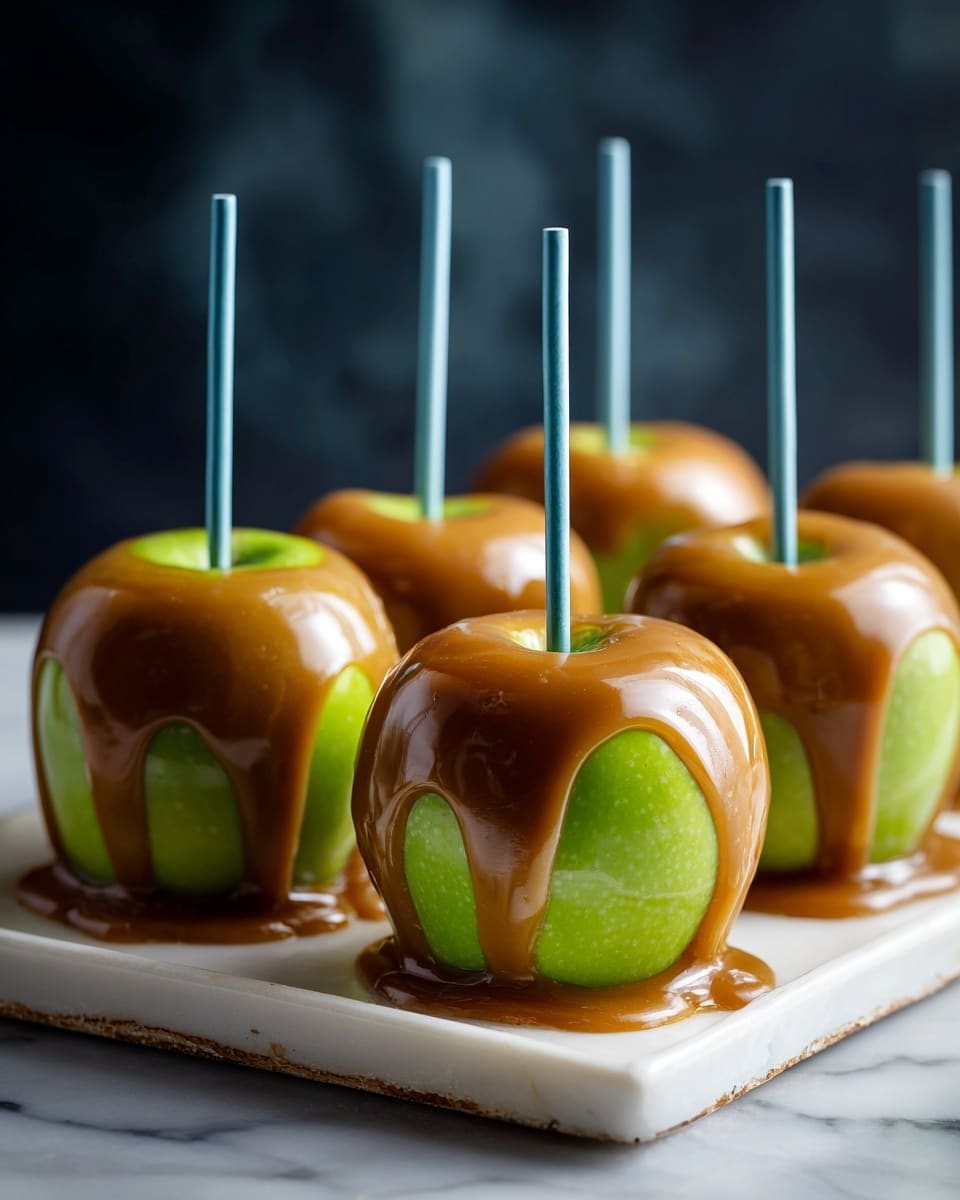 The image shows five green apples dipped halfway in a thick, smooth, shiny layer of brown caramel. Each apple has a blue stick inserted at the top center, standing upright. The caramel layer covers the bottom half of the apples, with some caramel pooling slightly at the base on the white tray they are placed on. The white tray has a slightly worn texture and sits on a white marbled surface, while the background is dark and out of focus. Photo taken with an iphone --ar 4:5 --v 7