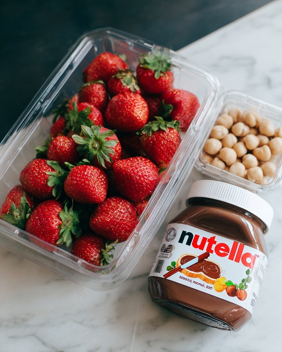A clear plastic container filled with bright red strawberries with green leaves, placed on a dark countertop, next to a small clear container holding round light tan hazelnuts. To the right of the containers is a jar of Nutella with a white lid and a label showing chocolate spread on bread with hazelnuts. All items are shown on a white marbled surface. Photo taken with an iphone --ar 4:5 --v 7