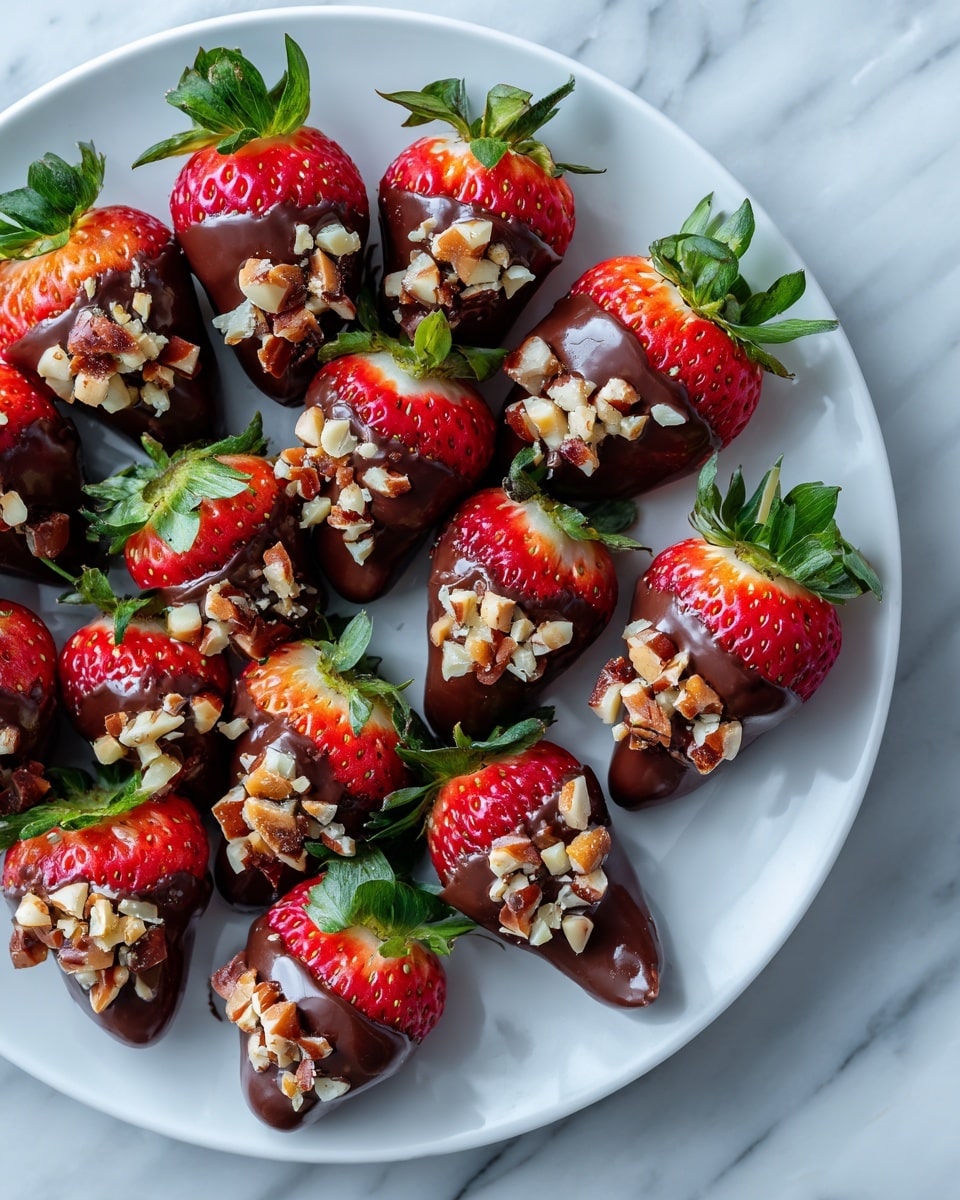 A white plate filled with neatly arranged strawberry halves, each filled with a smooth layer of melted chocolate. On top of the chocolate, small pieces of chopped nuts are scattered, adding texture. The strawberries are bright red with green leafy tops, and the plate is placed on a white marbled surface. photo taken with an iphone --ar 4:5 --v 7