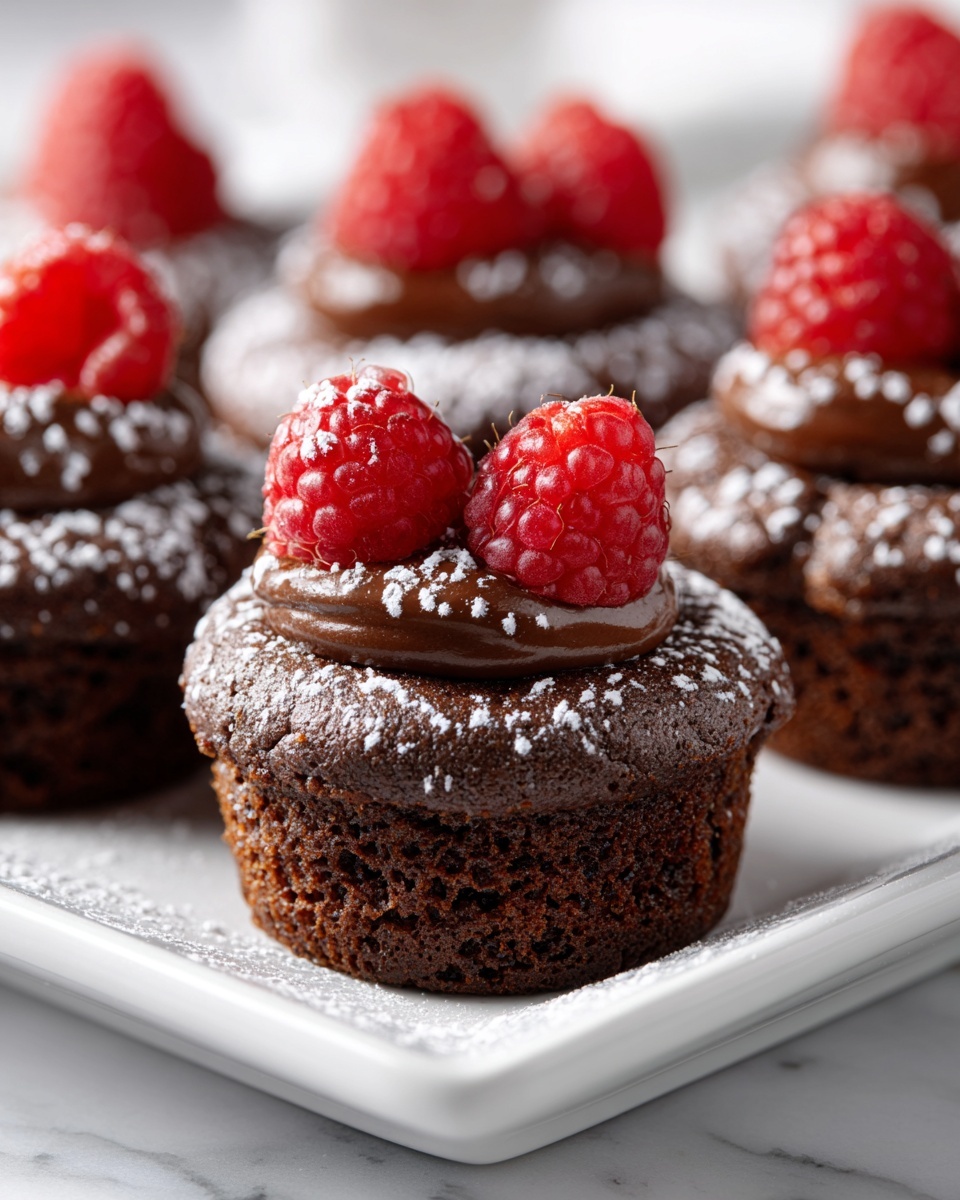 A group of small chocolate cupcakes arranged closely on a white square plate sitting on a white marbled surface. Each cupcake has two layers: a dark brown chocolate base with a moist texture and a small dollop of shiny chocolate frosting on top. On the frosting, there are two halves of a bright red raspberry placed upright. The cupcakes are lightly dusted with white powdered sugar, adding a soft contrast to the dark chocolate. The image is focused on the front cupcakes, with the others softly blurred behind them. photo taken with an iphone --ar 4:5 --v 7