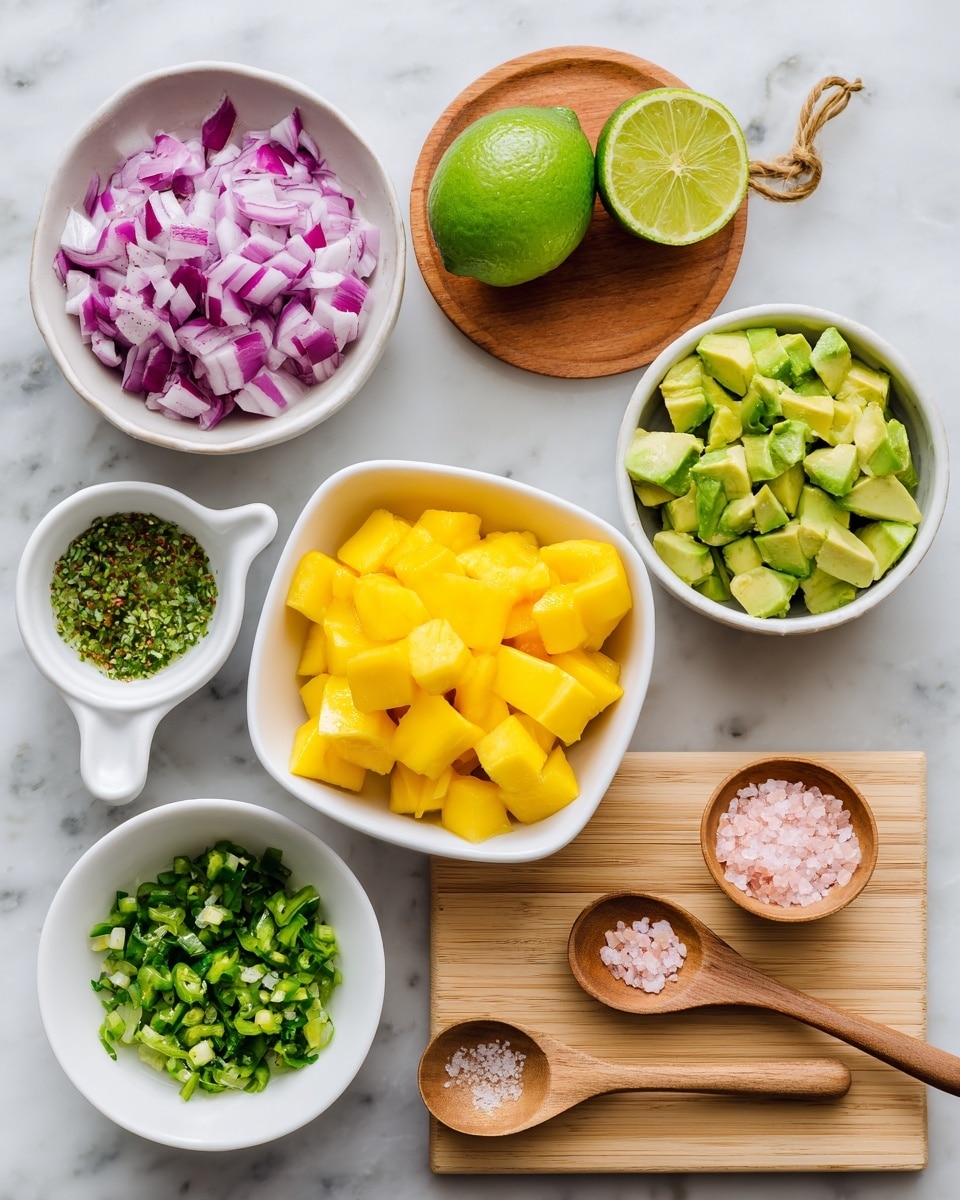 The image shows six small bowls and two wooden spoons arranged on a white marbled surface. At the top center is a small round wooden board holding a whole lime and a half lime. To the right, there is a white bowl with green avocado chunks. Below the wooden board, there is a white square bowl filled with chopped red onion. To the left of the onion bowl is a white bowl filled with bright yellow mango cubes. Above the mango bowl is a small white measuring cup with chopped green herbs. At the bottom center, a small white bowl holds chopped green chili. On the bottom right, a small wooden spoon with pink salt rests on a wooden board, alongside a smaller wooden spoon holding some minced garlic. The colors are fresh and vibrant, set against the clean white marbled background. Photo taken with an iphone --ar 4:5 --v 7