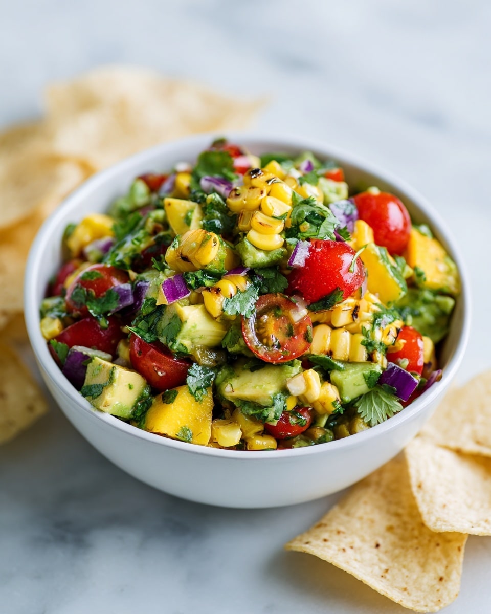 A white bowl filled with a colorful mix of diced avocado, yellow mango, halved red cherry tomatoes, grilled yellow corn kernels, and finely chopped purple onion, all topped with bright green cilantro leaves scattered throughout. The texture looks fresh and slightly chunky with vibrant colors contrasting well. The bowl sits on a white marbled surface, next to white tortilla chips arranged casually around it. Photo taken with an iphone --ar 4:5 --v 7