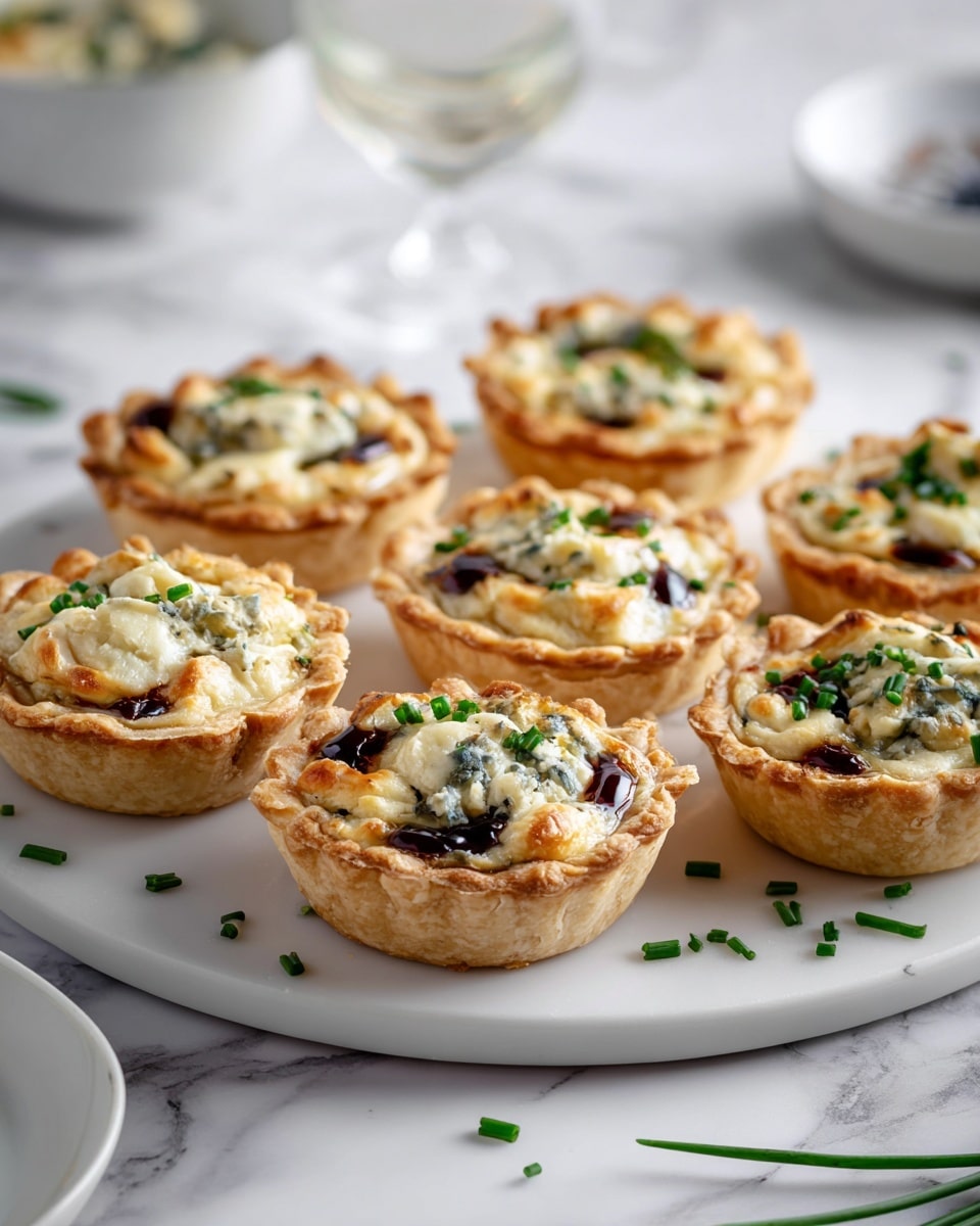 Fig and Blue Cheese Bites Recipe 5 The image shows a ceramic white tray filled with nine small round tartlets, each with three visible layers: a light golden brown flaky crust forming the base and sides, a glossy dark brown layer of jam or sauce in the middle, and a creamy, slightly melted white cheese layer on top with patches of dark blue mold. Each tartlet is sprinkled with small green chopped chives. Some chives are scattered on the tray around the tartlets. The tray is set on a white marbled surface, with a bowl and a glass partially visible in the blurred background. Photo taken with an iphone --ar 4:5 --v 7