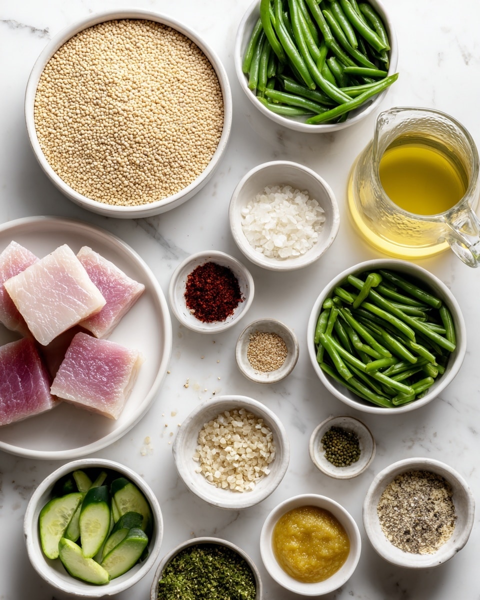 The image shows an overhead view of various ingredients for cooking neatly placed on a white marbled surface. There is a large white bowl filled with small beige grains, surrounded by smaller white bowls holding green beans, green peas, and sliced green cucumber. In the center, there is a white bowl with three pieces of raw pink fish fillets. Nearby, a glass pitcher contains a light yellow liquid, likely broth, and a small white bowl holds a yellow paste or sauce. Additional small white bowls contain white sauce, green herbs, red powder, minced garlic, and mustard seeds. The layout is bright, clean, and organized for easy access to each ingredient, photo taken with an iphone --ar 4:5 --v 7