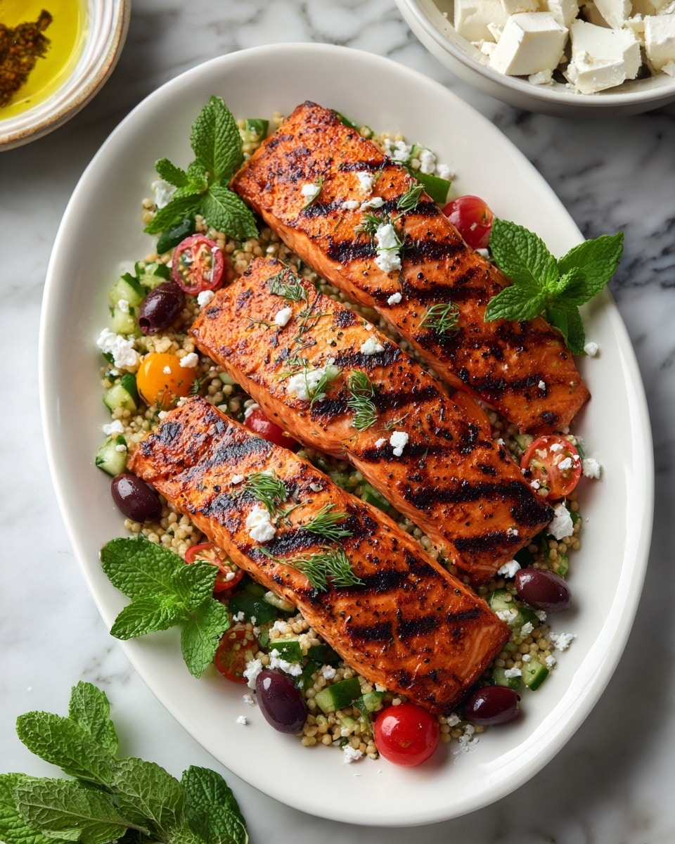 The image shows an oval white plate with three thick, grilled salmon fillets with dark grill marks, stacked slightly overlapping in the center of the plate. The salmon has a charred orange surface with scattered small bits of green herbs and white crumbled cheese on top, along with fresh basil leaves. Below the salmon, there is a layer of mixed salad featuring small green and black olives, halved cherry tomatoes in red and yellow shades, fresh basil, and a grain, possibly orzo or rice, creating a colorful base. Sprigs of fresh mint are placed around the salmon for garnish. The plate sits on a white marbled surface with another bowl partially visible in the top right corner with chunks of white cheese, mint leaves, and olive oil. photo taken with an iphone --ar 4:5 --v 7