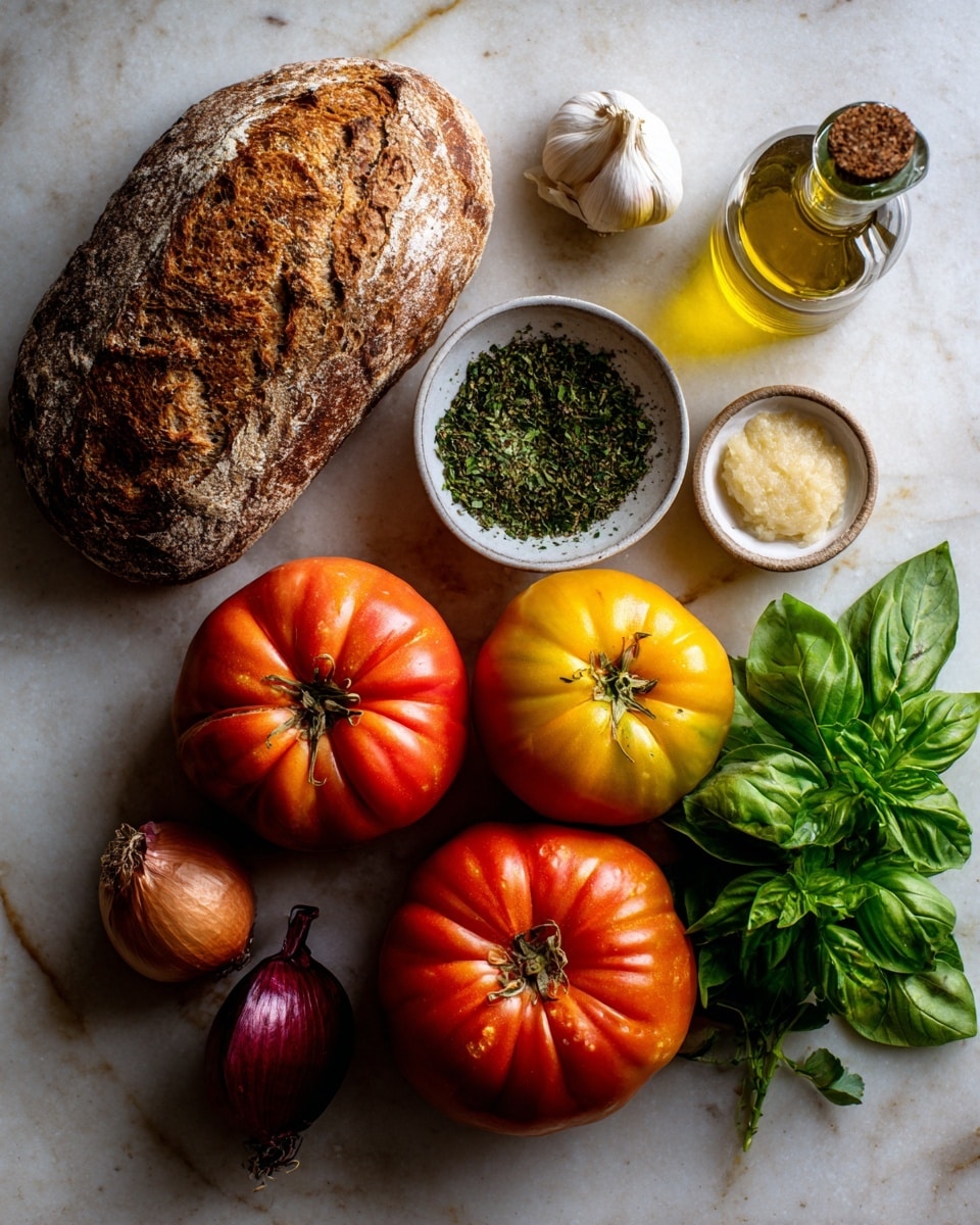 The image shows a white marbled surface with fresh ingredients neatly arranged on it. There is a large piece of brown rustic bread on the top left. Below it, there is a small white bowl filled with green dried herbs. To the right of the bowl, there are three large tomatoes in a row, colored red, deep red, and bright yellow, showing different shapes and textures. Below the tomatoes, a small red onion and a bunch of fresh green basil leaves are placed. On the top right corner, there is a glass bottle of olive oil, a garlic clove, a shallot, and another small white bowl with a pale yellow sauce or paste. The whole setup looks natural and fresh, with soft light highlighting the colors and textures of the ingredients. photo taken with an iphone --ar 4:5 --v 7