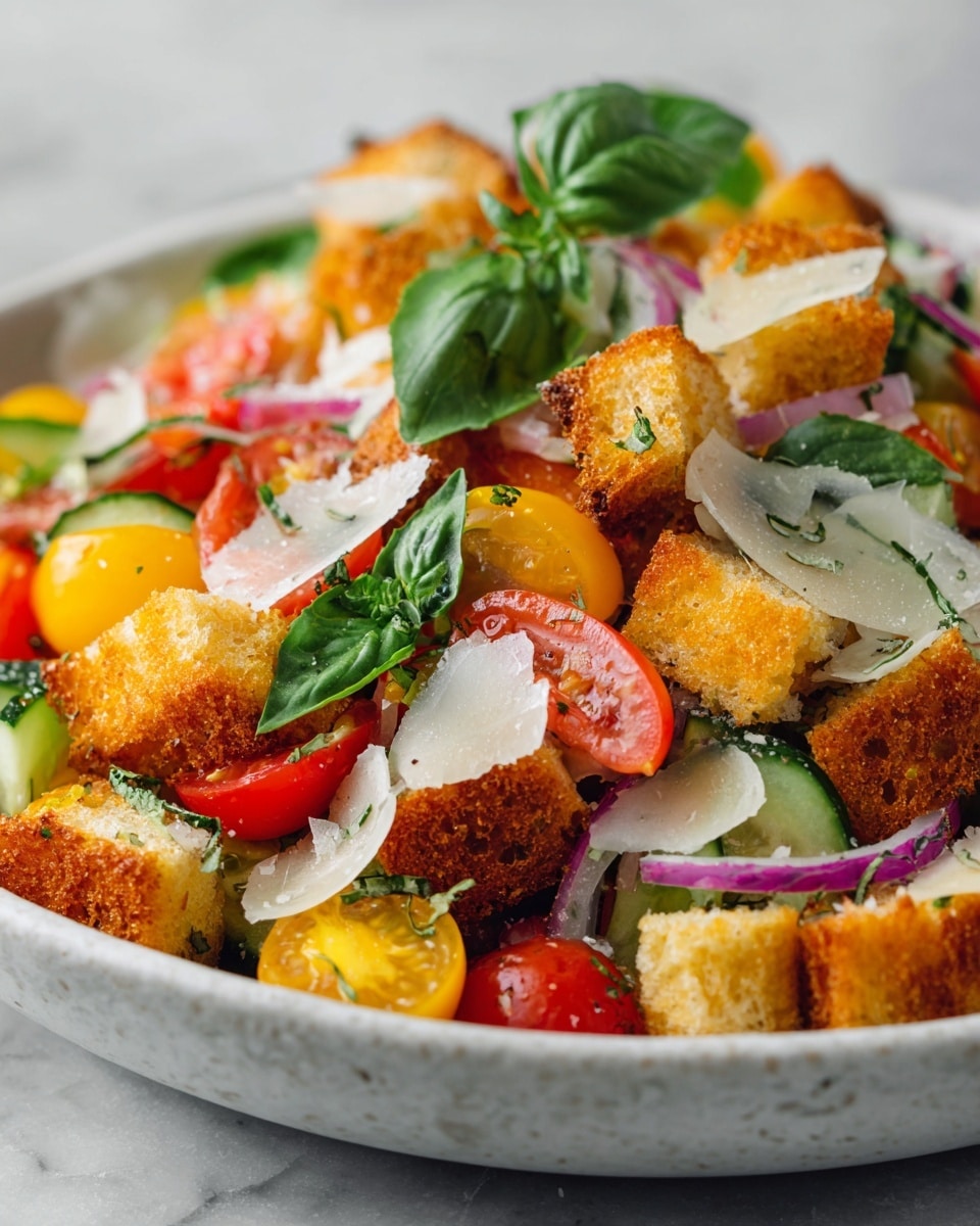 The dish is a colorful salad with several layers on a white marbled surface. The base layer consists of large, golden-brown toasted bread cubes spread evenly, showing a crunchy texture. Scattered over and between the bread are halved red and yellow cherry tomatoes, adding vibrant red and yellow colors. Thin slices of green cucumber and small pieces of red onion add fresh green and light purple accents throughout. On top, there are fresh green basil leaves placed randomly, bringing a leafy texture. Thin white shavings of hard cheese are also spread across, adding contrast and a slight rough texture. The overall look is fresh, bright, and textured, mixing crisp, juicy, and crunchy elements. Photo taken with an iphone --ar 4:5 --v 7