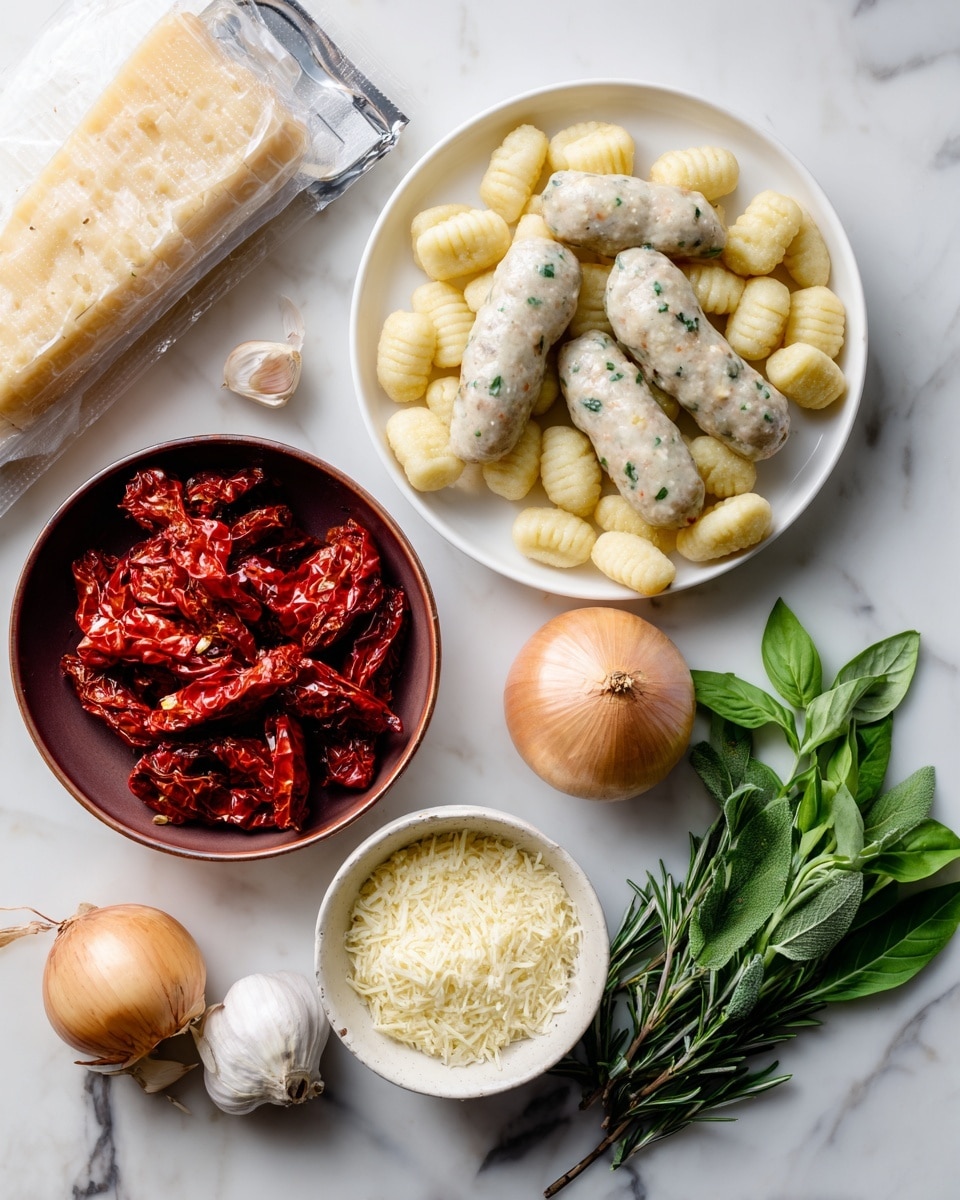 The image shows a group of cooking ingredients arranged on a white marbled surface. On the left, there is a white plate with six frozen sausages that have small green and white bits inside, giving a speckled look. To the right of that, a white bowl is filled with small, pale yellow gnocchi with slight ridges on each piece, loosely piled. Below, near the center, is a brown bowl of bright red sun-dried tomatoes with a wrinkly texture. To the left of the bowl, there is a whole onion with light brown skin and two garlic cloves with light purple stripes. At the bottom middle, a small white bowl holds a heap of finely grated pale yellow cheese. On the right side, several green herb sprigs are laid out, including basil, rosemary, and parsley, showing shiny and fresh leaves. In the top background, a silver pan holds a sealed package of pasta. The photo taken with an iphone --ar 4:5 --v 7
