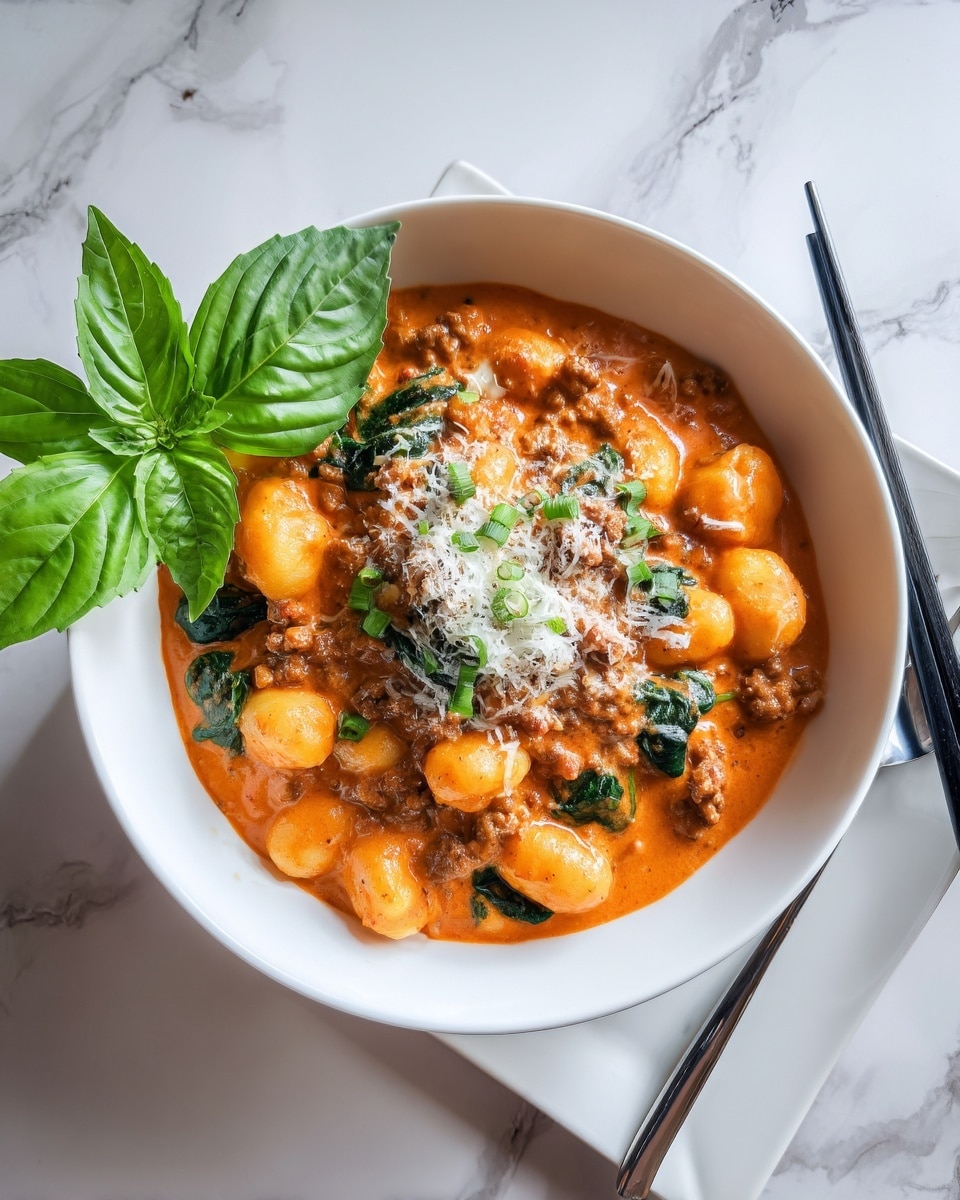 A white bowl filled with soft gnocchi pieces covered in a thick, creamy orange tomato sauce mixed with small bits of cooked ground meat and fresh spinach leaves, garnished on top with grated white cheese and a fresh green basil sprig on the side. The bowl is placed on a white marbled surface with a pair of black chopsticks resting nearby. photo taken with an iphone --ar 4:5 --v 7