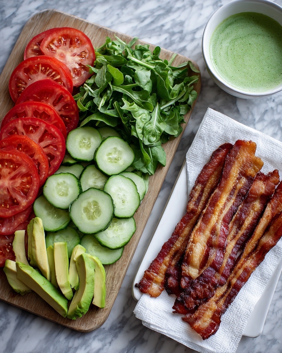 The image shows a wooden board and a white plate on a white marbled surface. On the board, there are four main layers from left to right: bright red tomato slices, light green round cucumber slices with visible seeds, mixed green leaves including light and dark leafy greens, and slices of green avocado at the bottom edge. On the white plate to the right, there are several strips of crispy brown bacon laid over a white paper towel. In the background, there is a white bowl filled with a green sauce or dressing. Photo taken with an iphone --ar 4:5 --v 7
