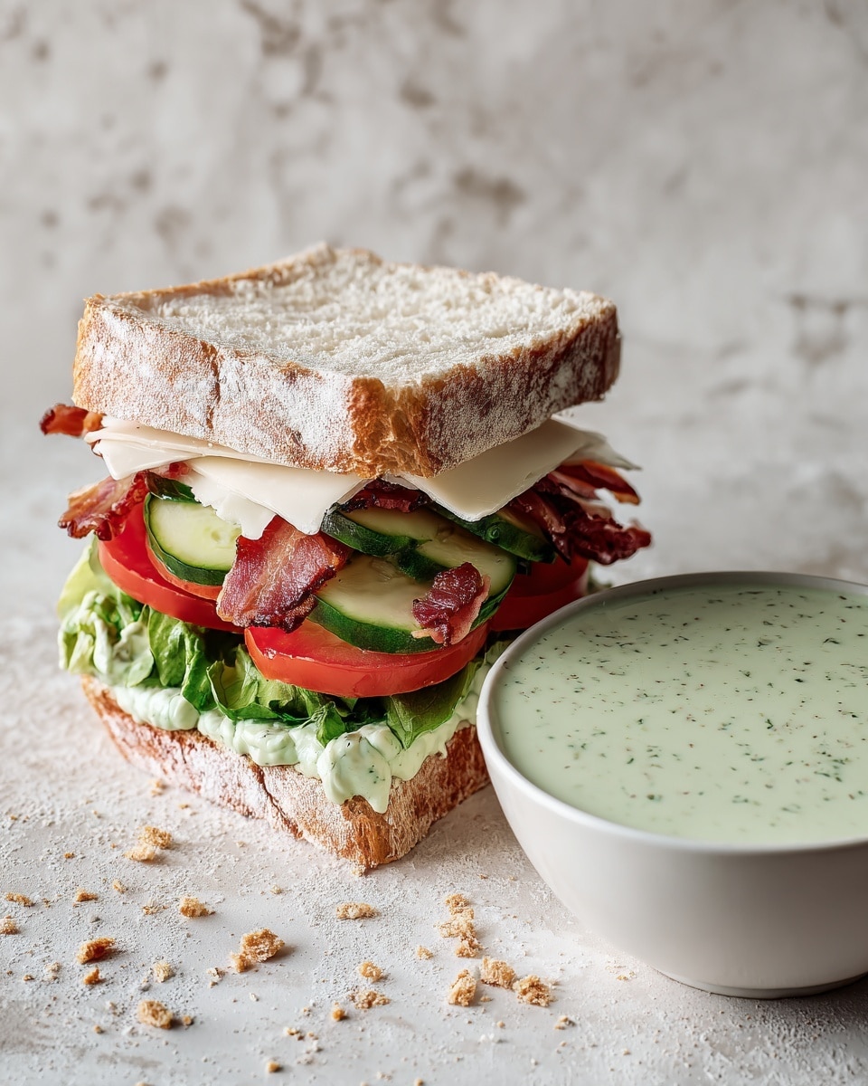 The image shows a sandwich with three main layers inside a thick, soft white bread that has a dusty, floury crust on top. The bottom layer has a green spread that looks like a creamy sauce, followed by fresh green lettuce. Above this are red tomato slices and pale green cucumber slices, with some cooked bacon or meat pieces on top. Thin white cheese slices sit above the meat. Next to the sandwich is a white bowl filled with a thick, light green sauce dotted with darker green bits. The scene is on a white marbled texture with crumbs and crumbs of bread around. Photo taken with an iphone --ar 4:5 --v 7