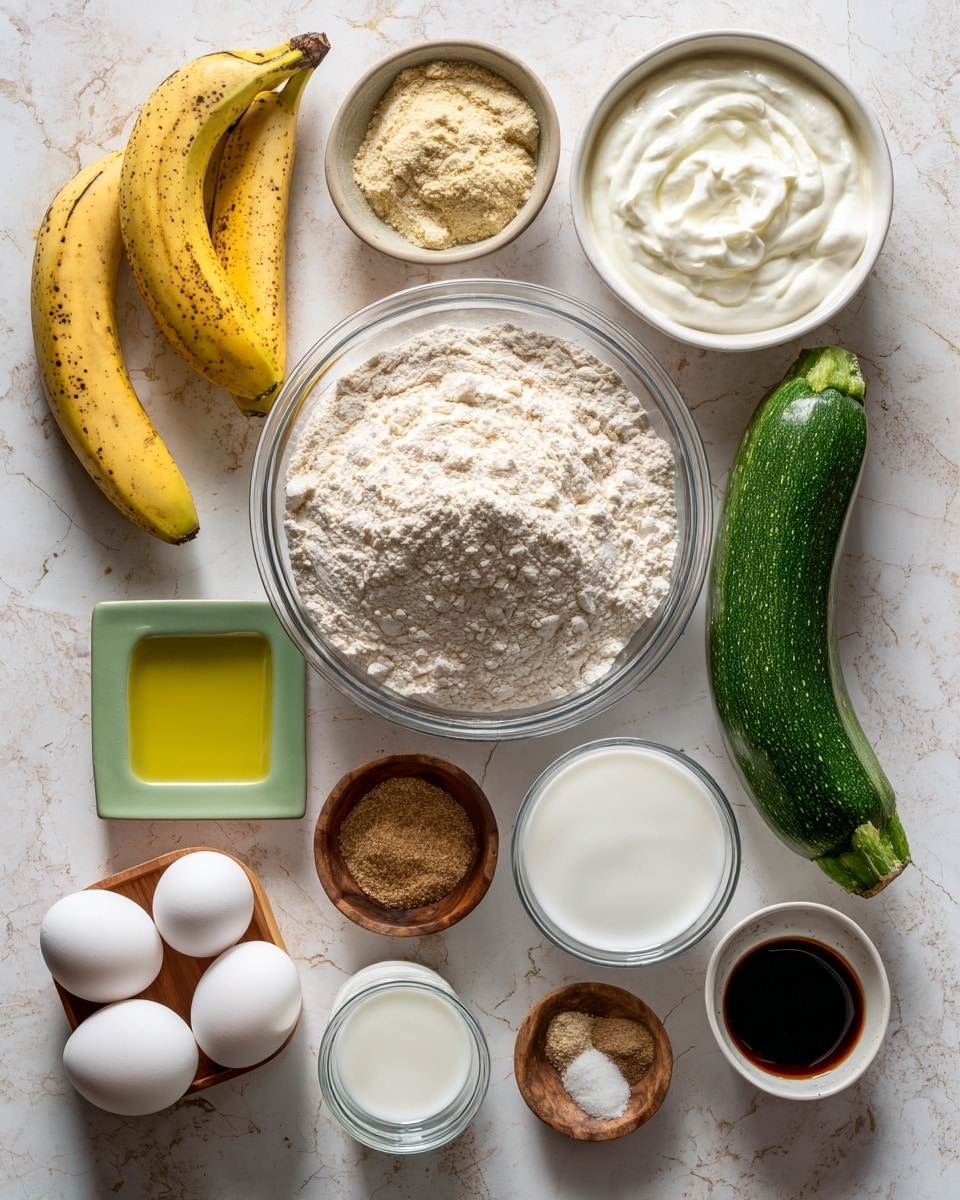 The image shows a white marbled surface with various baking ingredients neatly placed. In the center is a large clear glass bowl filled with light-colored flour, and to its right is a smaller clear bowl with a light brown crumbly ingredient. Above the large bowl is a white bowl filled with white yogurt-like cream. To the left of this bowl are three yellow bananas with brown spots. Just below the bananas is a small white bowl containing yellow liquid, likely oil. To the right of the bananas is a whole green zucchini placed horizontally. To the right of the yogurt bowl is a clear glass with white liquid, and next to it is a small off-white bowl with dark brown liquid. Near the bottom left corner are two white eggs in a carton. Near the bottom left corner is a small wooden bowl with brown and beige powdered spices. Above the eggs and spices is a small green square plate with two white powders. All ingredients are arranged on the white marbled surface in a bright, natural light. photo taken with an iphone --ar 4:5 --v 7