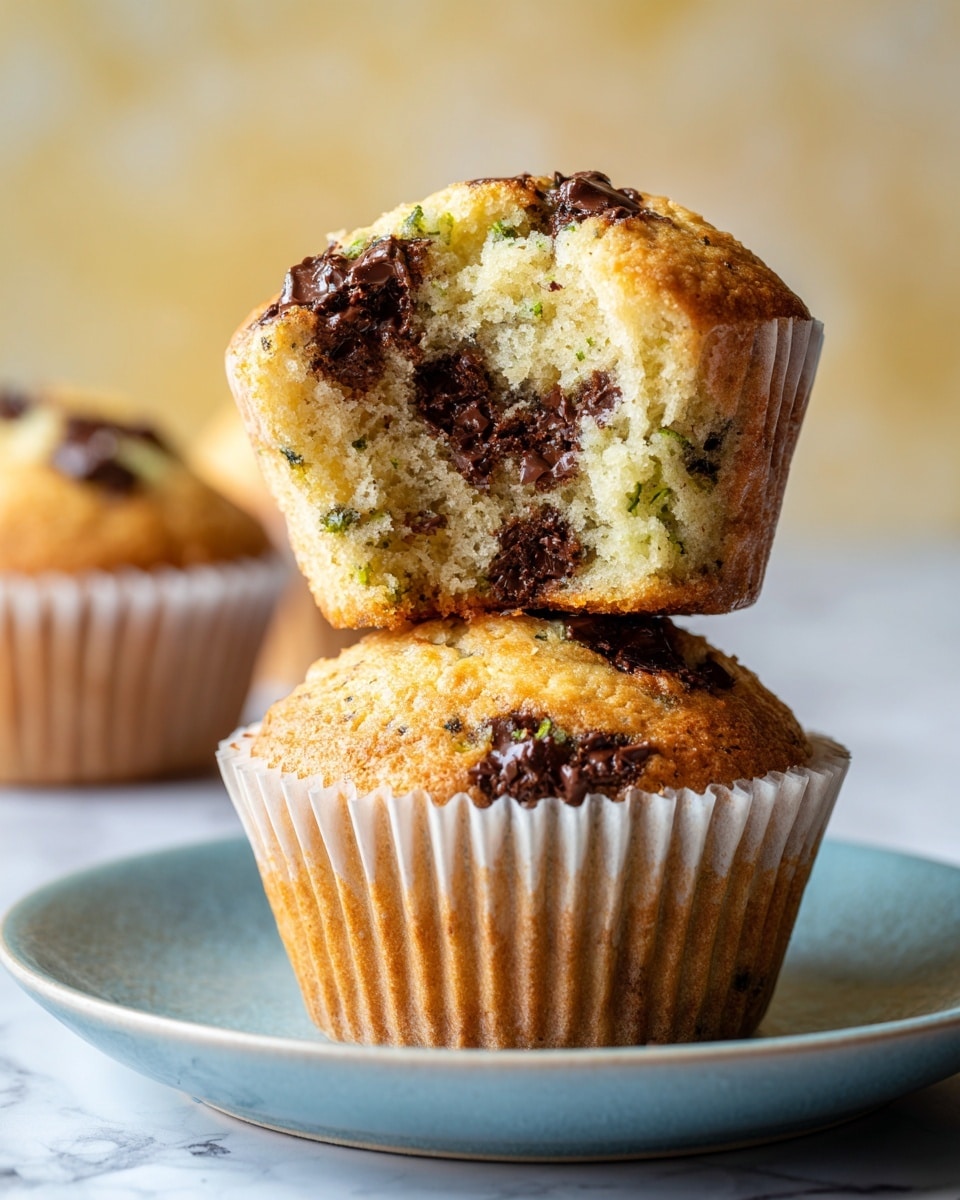 A homemade muffin with a soft, light brown texture filled with melted dark chocolate chunks and small greenish pieces inside, stacked with a whole muffin on the bottom and a half-eaten muffin on top showing the moist inside. The muffins are in white paper liners and placed on a blue plate. The background is softly blurred with warm yellow and light tones, on a white marbled texture. Photo taken with an iphone --ar 4:5 --v 7
