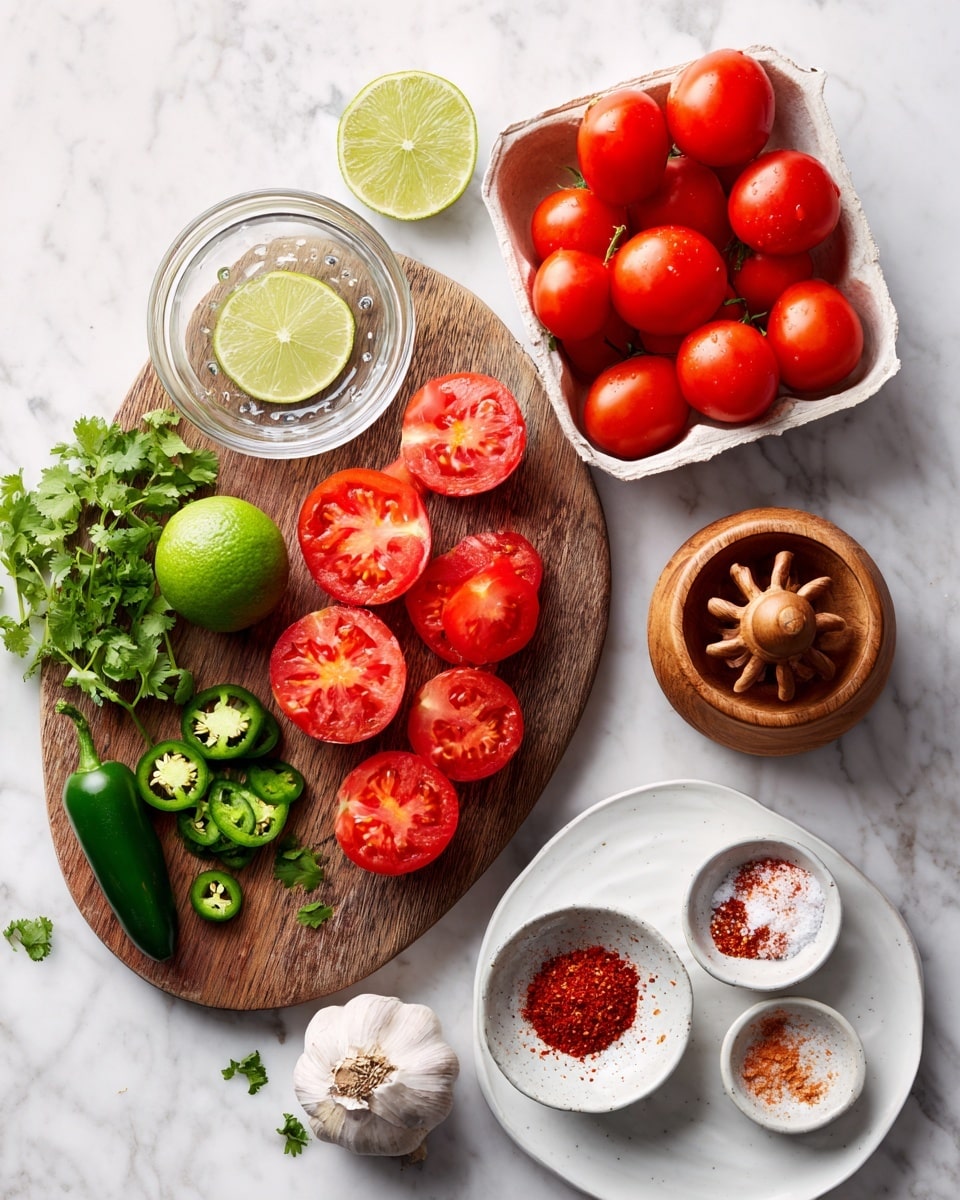 The image shows a wooden cutting board on a white marbled surface. On the board, there are a few whole tomatoes and some tomato pieces in bright red, along with a cut lime in green, and a green chili pepper, some sliced jalapeños, and a bunch of fresh cilantro on the left side. A clear bowl with a lime half inside sits on the board. To the right, there is a white carton filled with whole red tomatoes. Below the board, a white round plate holds three small bowls with different spices: light pink salt, red chili powder, and red pepper flakes. A whole garlic bulb and a garlic clove rest beside the plate. A woman's hand is holding a small wooden citrus juicer above the board. Photo taken with an iphone --ar 4:5 --v 7