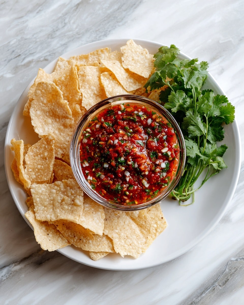 A white plate holds a clear glass bowl full of chunky red salsa mixed with small pieces of green herbs and white onion bits. The bowl is centered on the plate, surrounded by light tan, crispy tortilla chips that are irregularly shaped and layered, slightly overlapping each other. A small bunch of fresh green cilantro leaves sits on the plate next to the bowl. The setting is on a white marbled surface. photo taken with an iphone --ar 4:5 --v 7