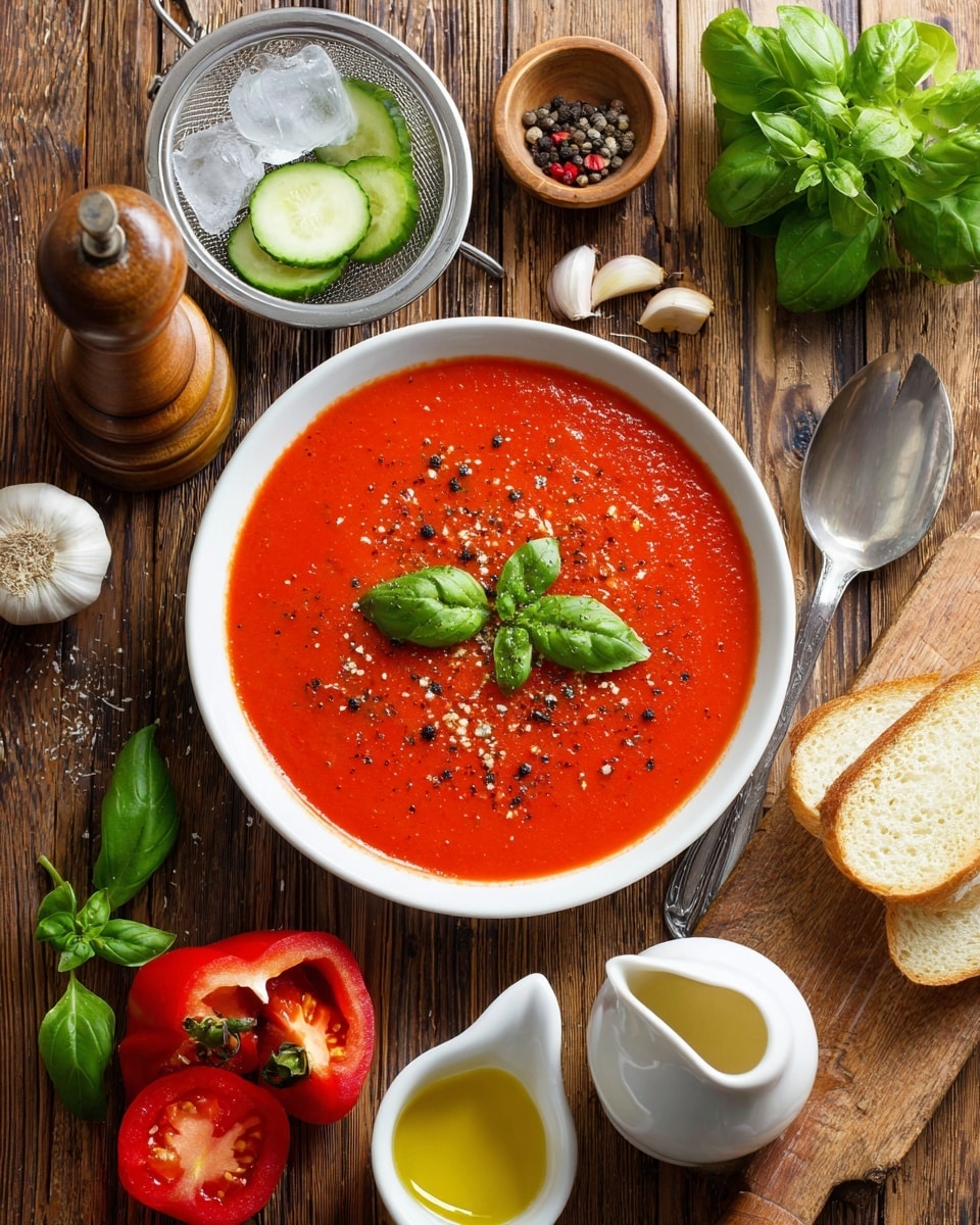 A white bowl filled with bright red smooth tomato soup is placed in the center, topped with two fresh green basil leaves and sprinkled with black pepper. Around the bowl are fresh ingredients on a wooden table: on the left, a white bowl with ice cubes, a small strainer full of red tomatoes and sliced green cucumbers, and a wooden pepper mill. At the top, two cloves of garlic and small metal spoons with black pepper and salt rest near a wooden pestle on a cutting board. On the right side, a bunch of green basil leaves sits on a white cutting board with a small white pourer containing yellow olive oil nearby. Below, three slices of white bread and half a bright red bell pepper are visible next to a white ceramic oil container. The wood texture contrasts with the fresh vibrant colors of the ingredients. photo taken with an iphone --ar 4:5 --v 7
