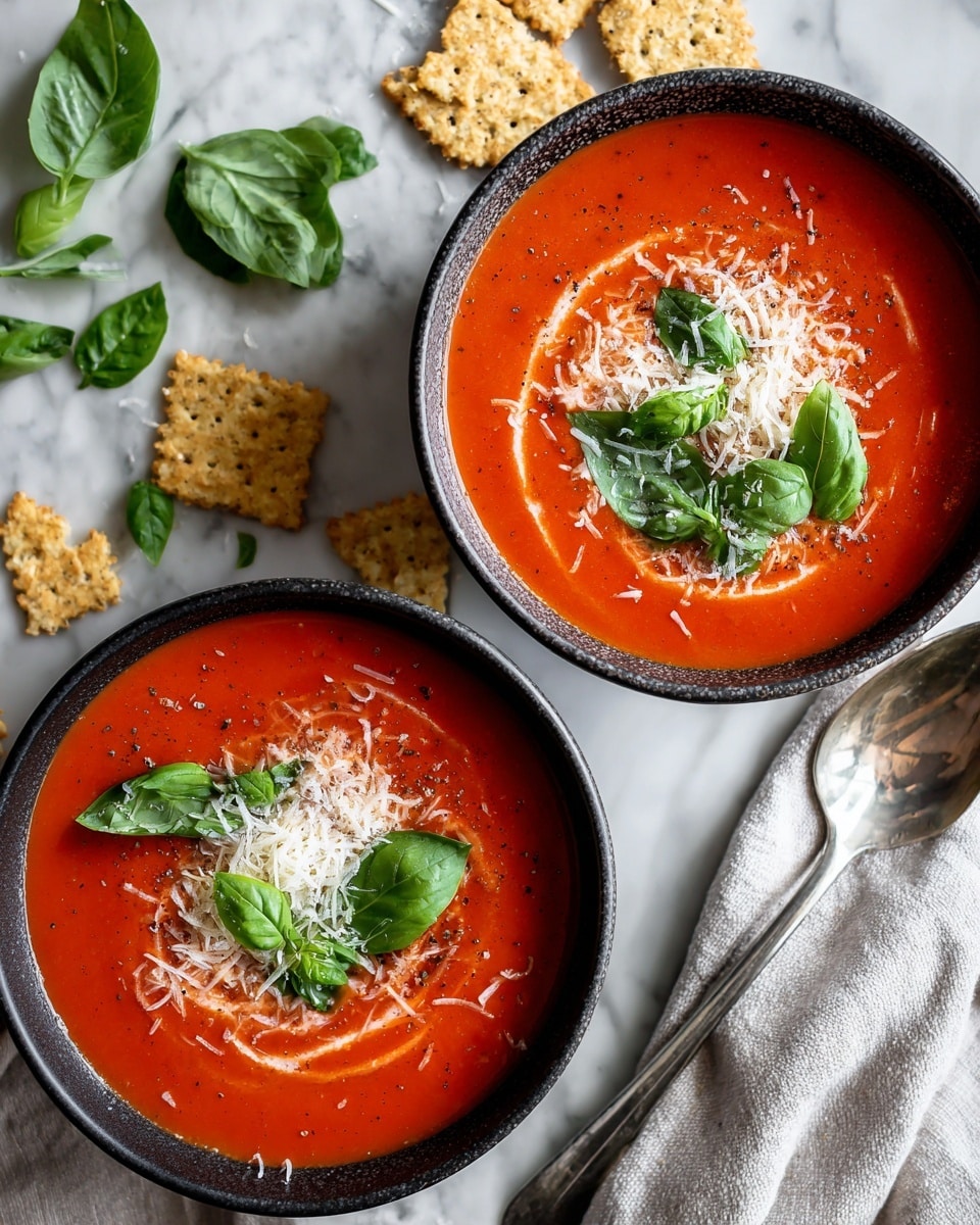 Two dark bowls filled with smooth, bright red tomato soup sit on a white marbled surface. Each bowl has a swirl of finely grated white cheese piled in the center, topped with fresh green basil leaves spread around the cheese. Around the bowls, there are scattered basil leaves and broken pieces of light brown crackers. A silver spoon rests on the right side with a light gray cloth nearby. Photo taken with an iphone --ar 4:5 --v 7